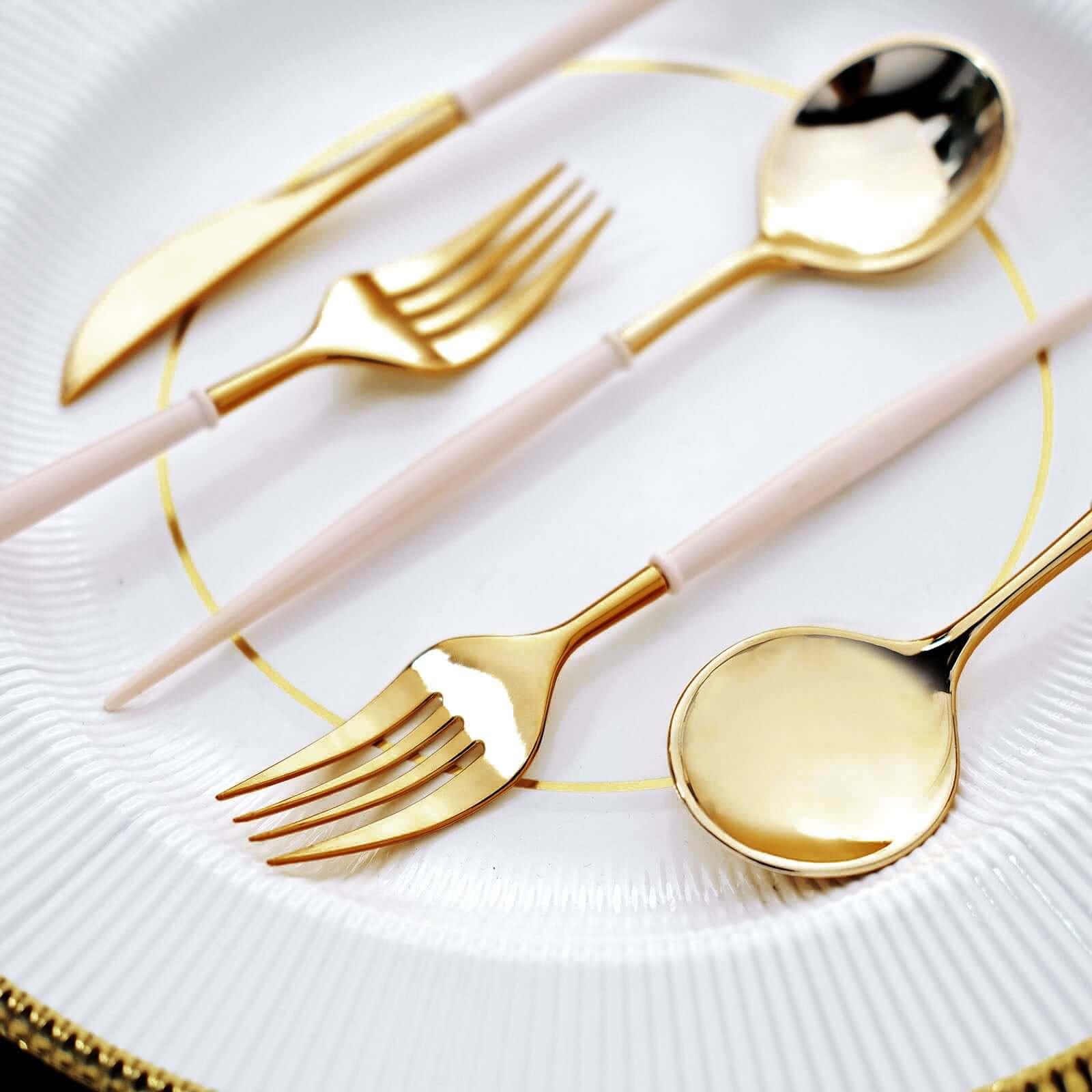24-Pack Plastic Flatware Set 8" Metallic Gold with Blush Handle - Modern Heavy Duty Disposable Silverware - Image 10