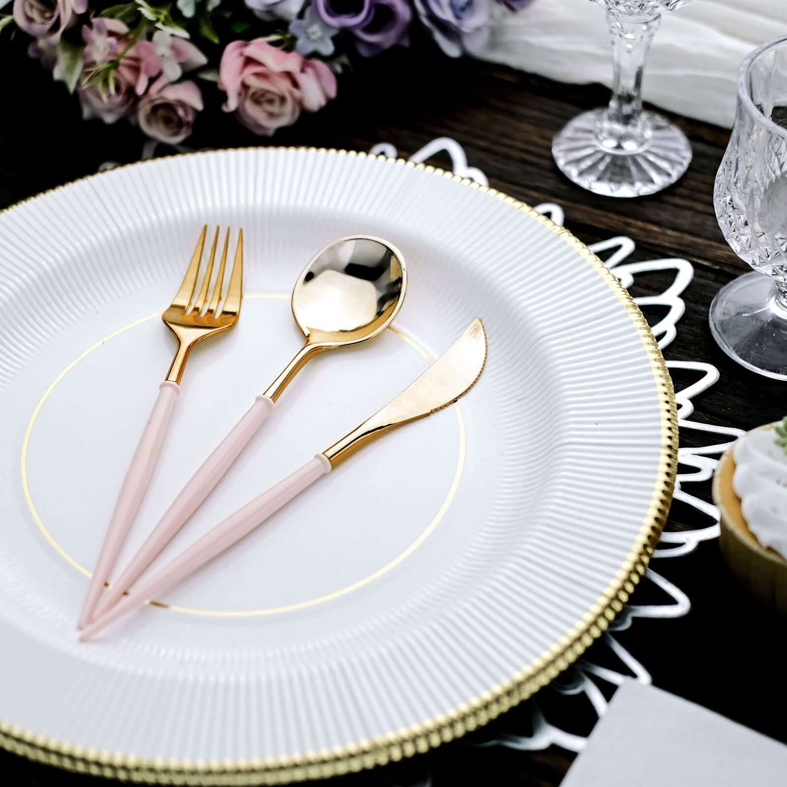 24-Pack Plastic Flatware Set 8" Metallic Gold with Blush Handle - Modern Heavy Duty Disposable Silverware - Image 11