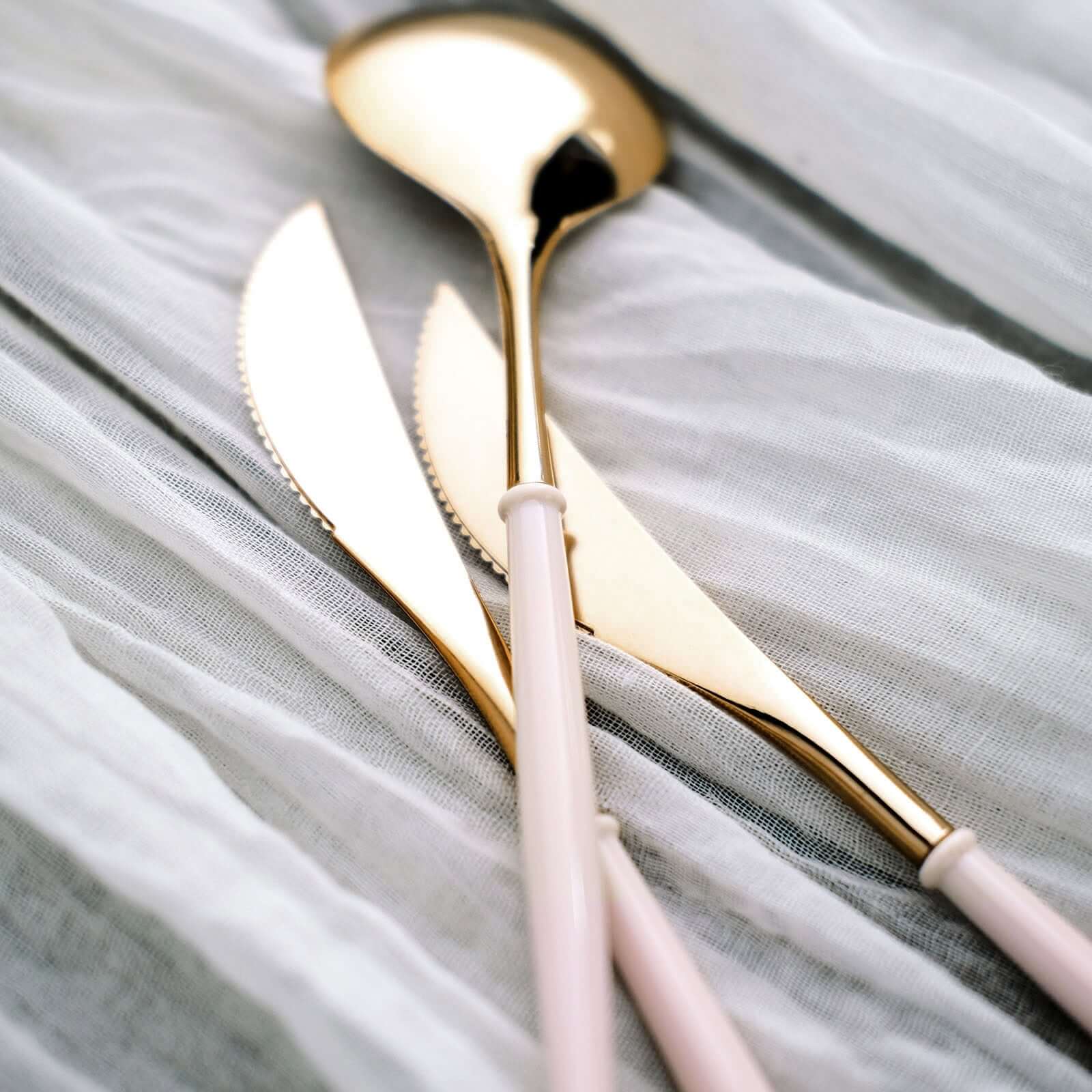 24-Pack Plastic Flatware Set 8" Metallic Gold with Blush Handle - Modern Heavy Duty Disposable Silverware - Image 12