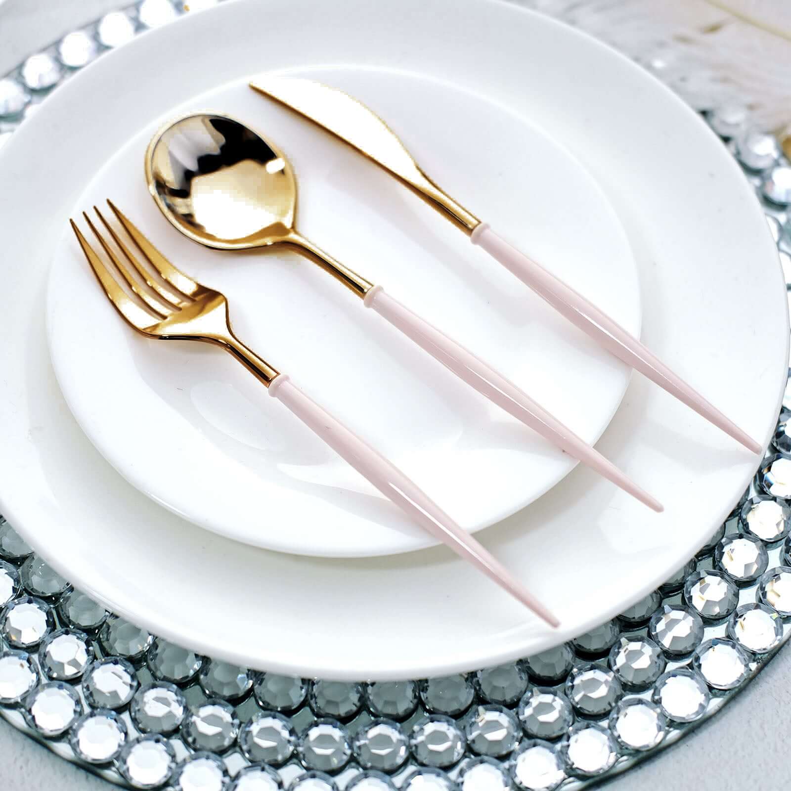 24-Pack Plastic Flatware Set 8" Metallic Gold with Blush Handle - Modern Heavy Duty Disposable Silverware - Image 14