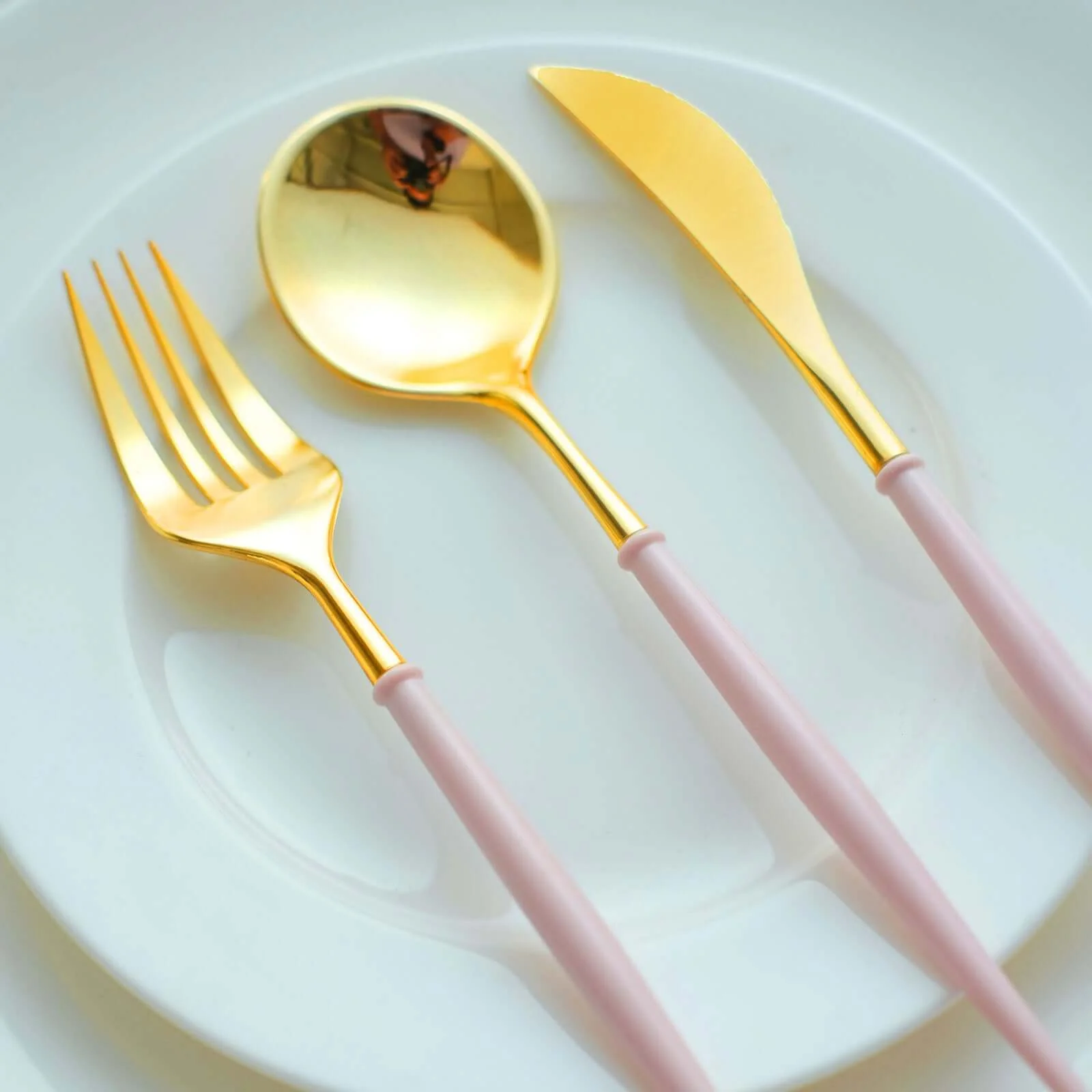 24-Pack Plastic Flatware Set 8" Metallic Gold with Blush Handle - Modern Heavy Duty Disposable Silverware - Image 2