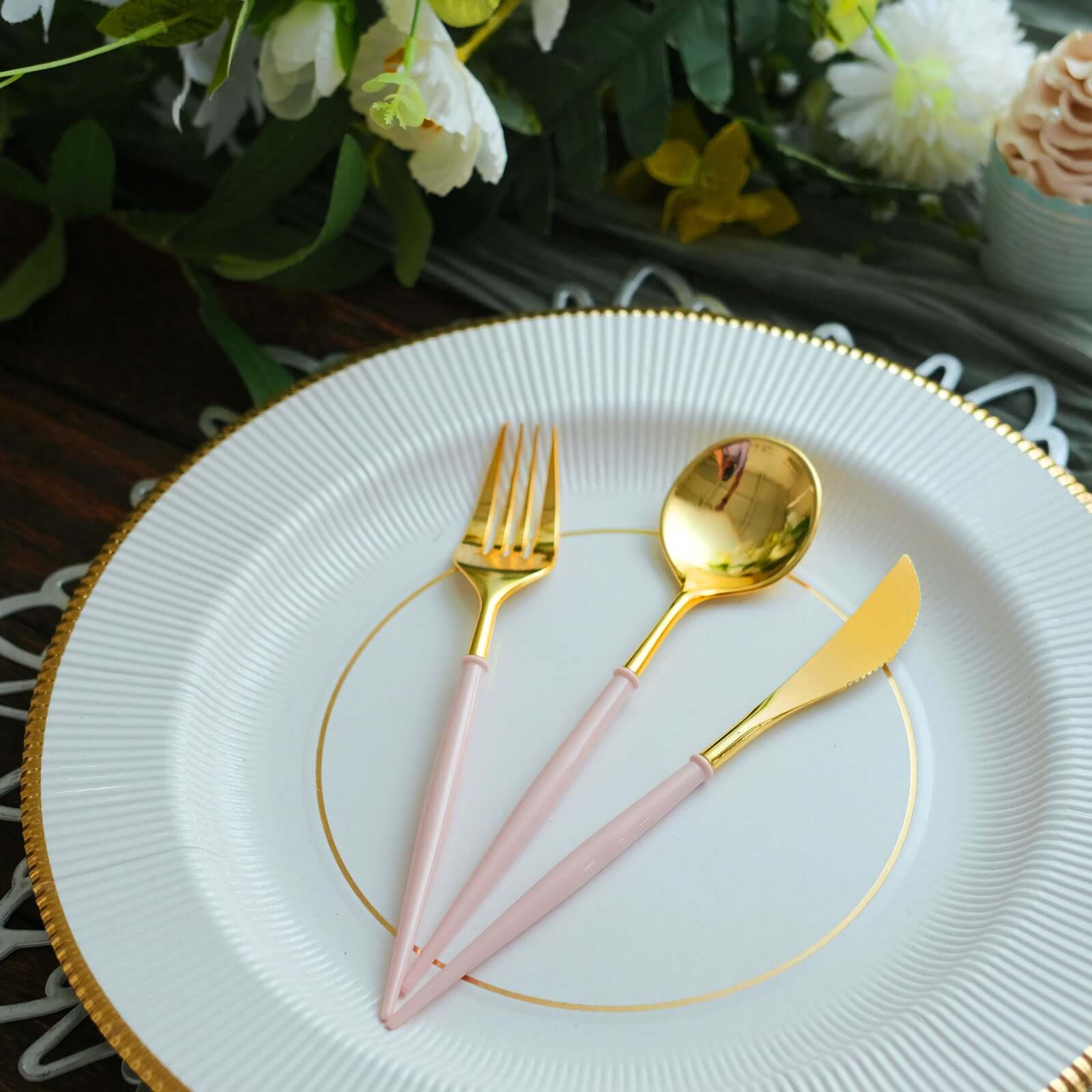 24-Pack Plastic Flatware Set 8" Metallic Gold with Blush Handle - Modern Heavy Duty Disposable Silverware - Image 8