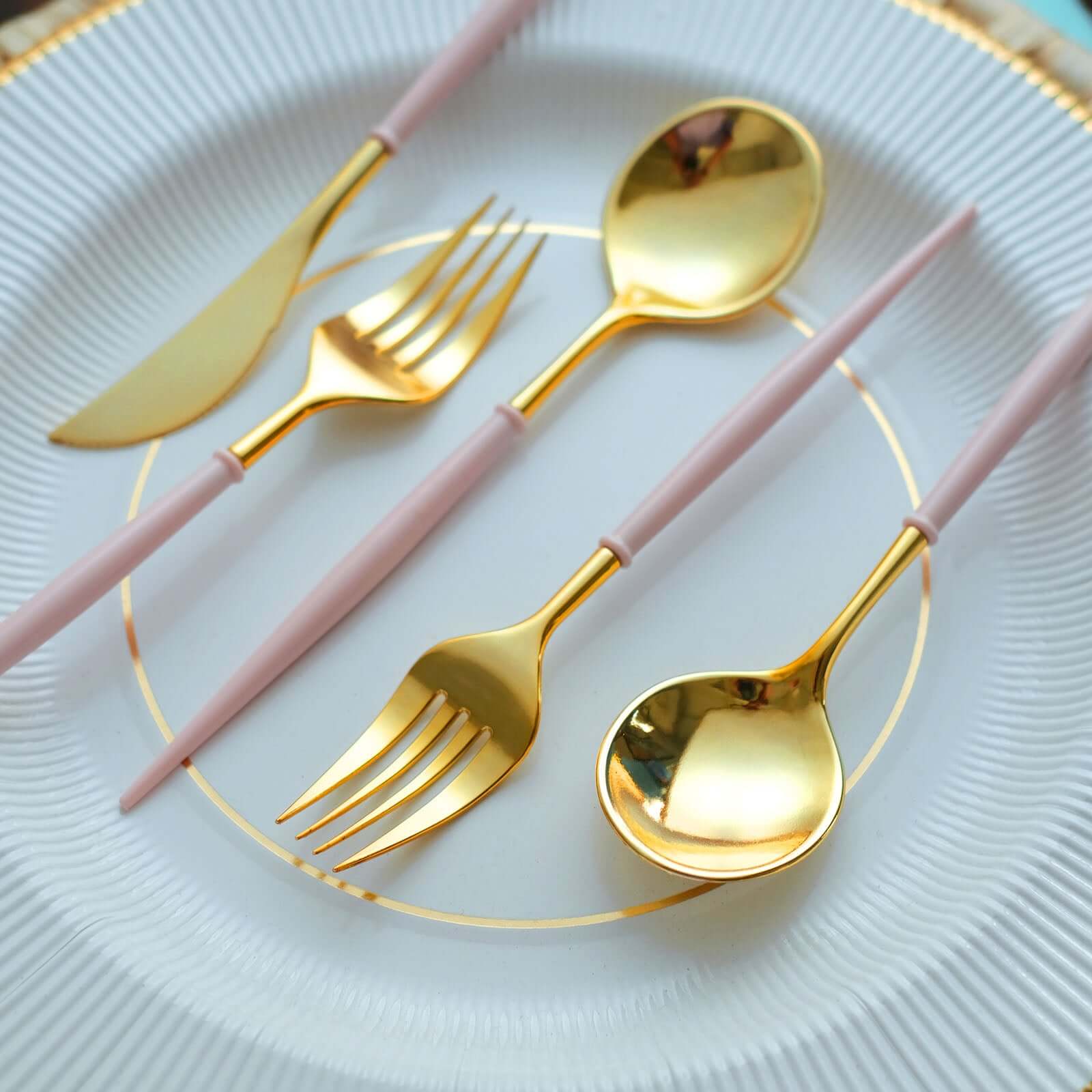 24-Pack Plastic Flatware Set 8" Metallic Gold with Blush Handle - Modern Heavy Duty Disposable Silverware - Image 9