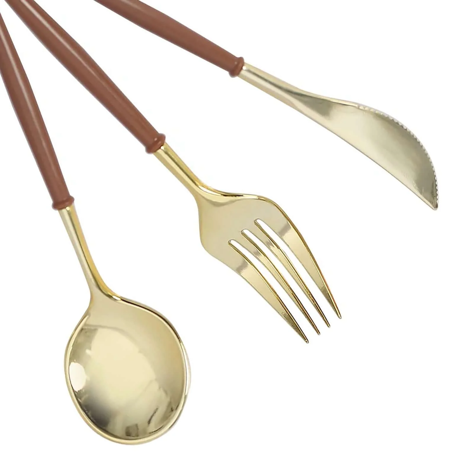 24-Pack Plastic Flatware Set 8" Metallic Gold with Brown Handle - Modern Heavy Duty Disposable Silverware - Image 8