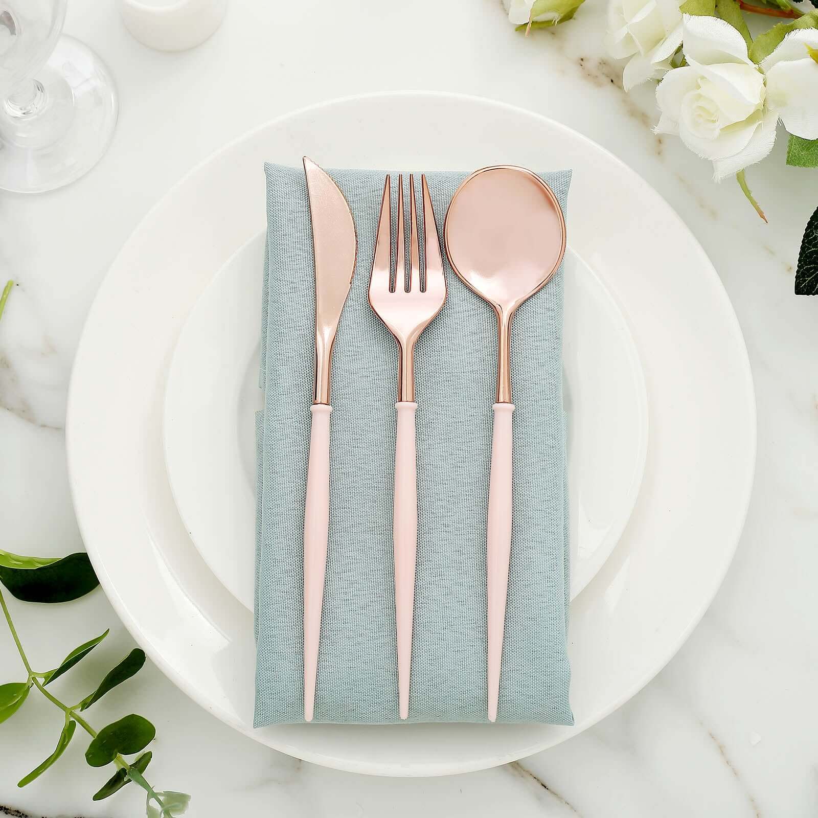 24-Pack Plastic Flatware Set 8" Rose Gold with Blush Handle - Modern Heavy Duty Disposable Silverware - Image 2