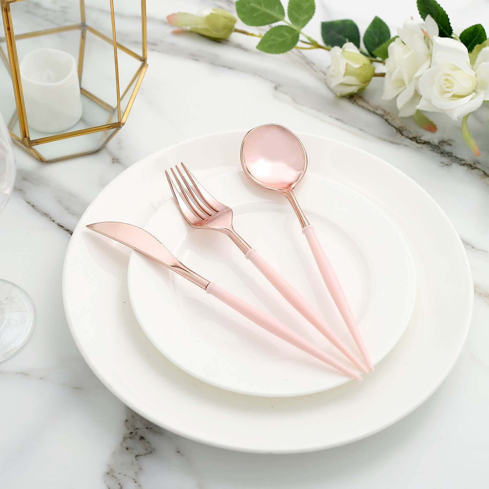24-Pack Plastic Flatware Set 8" Rose Gold with Blush Handle - Modern Heavy Duty Disposable Silverware - Image 6