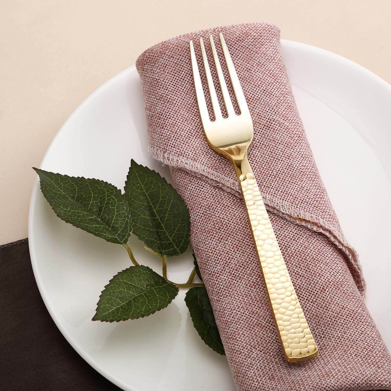 24-Pack Plastic Forks 7" Gold with Hammered Style - Heavy Duty Disposable Silverware