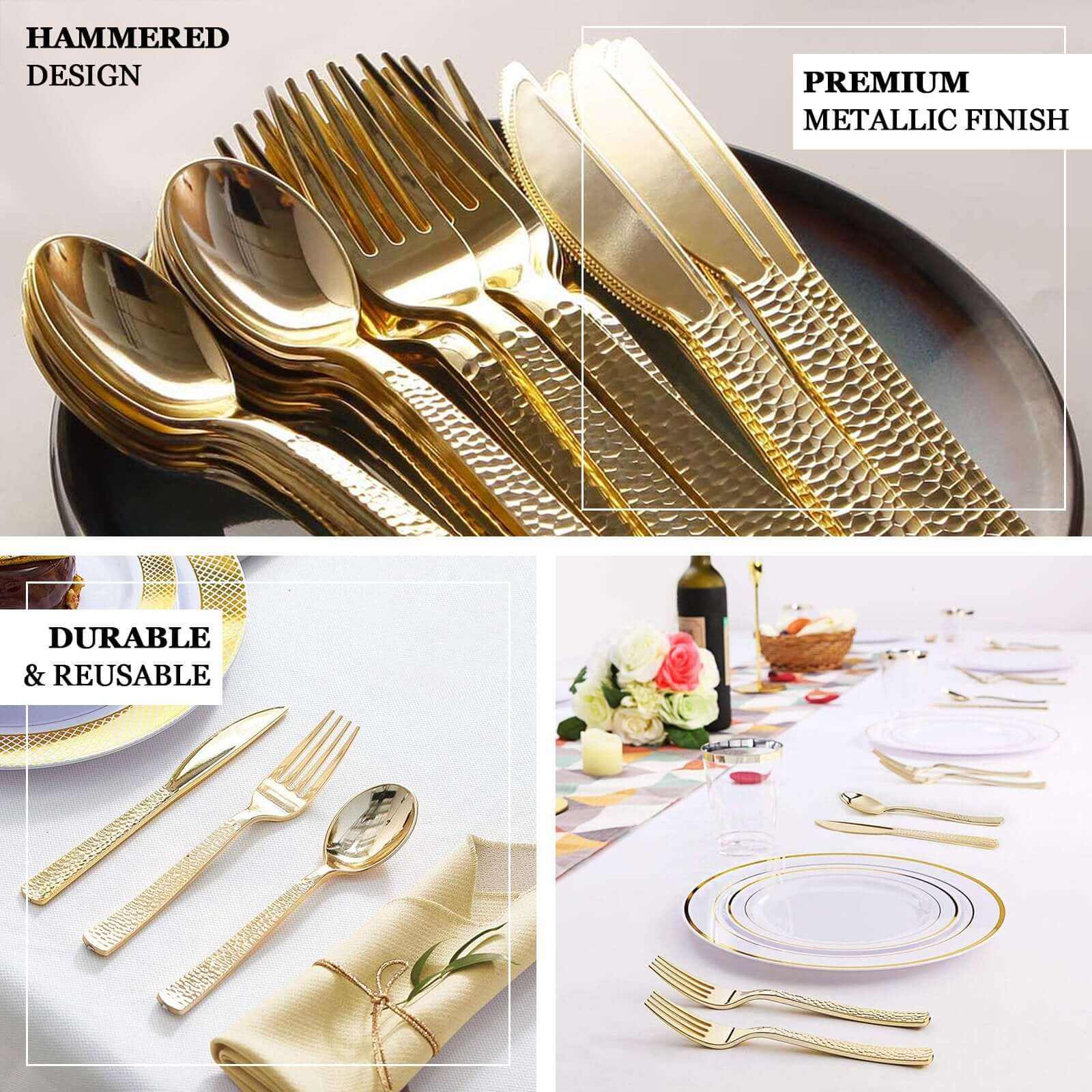24-Pack Plastic Forks 7" Gold with Hammered Style - Heavy Duty Disposable Silverware - Image 4