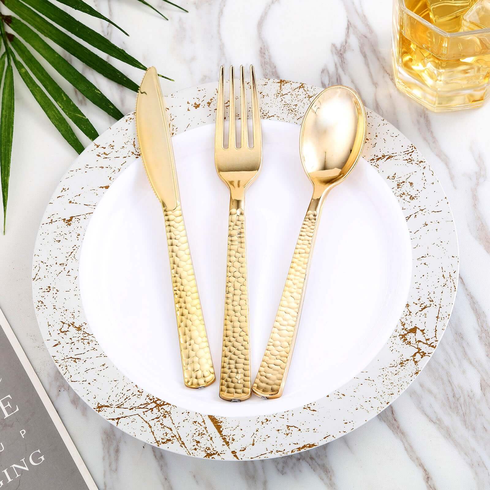 24-Pack Plastic Forks 7" Gold with Hammered Style - Heavy Duty Disposable Silverware - Image 6