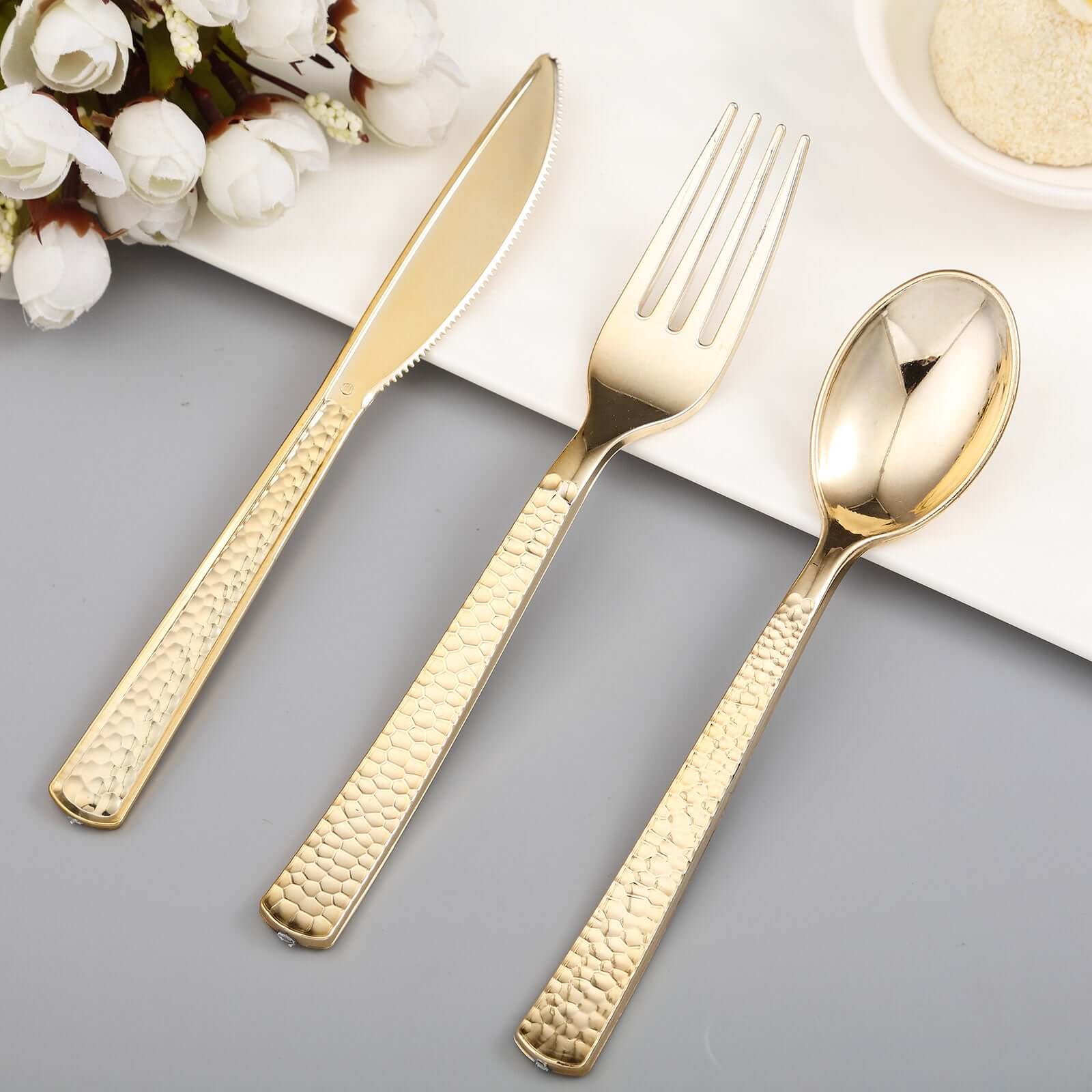 24-Pack Plastic Forks 7" Gold with Hammered Style - Heavy Duty Disposable Silverware - Image 8