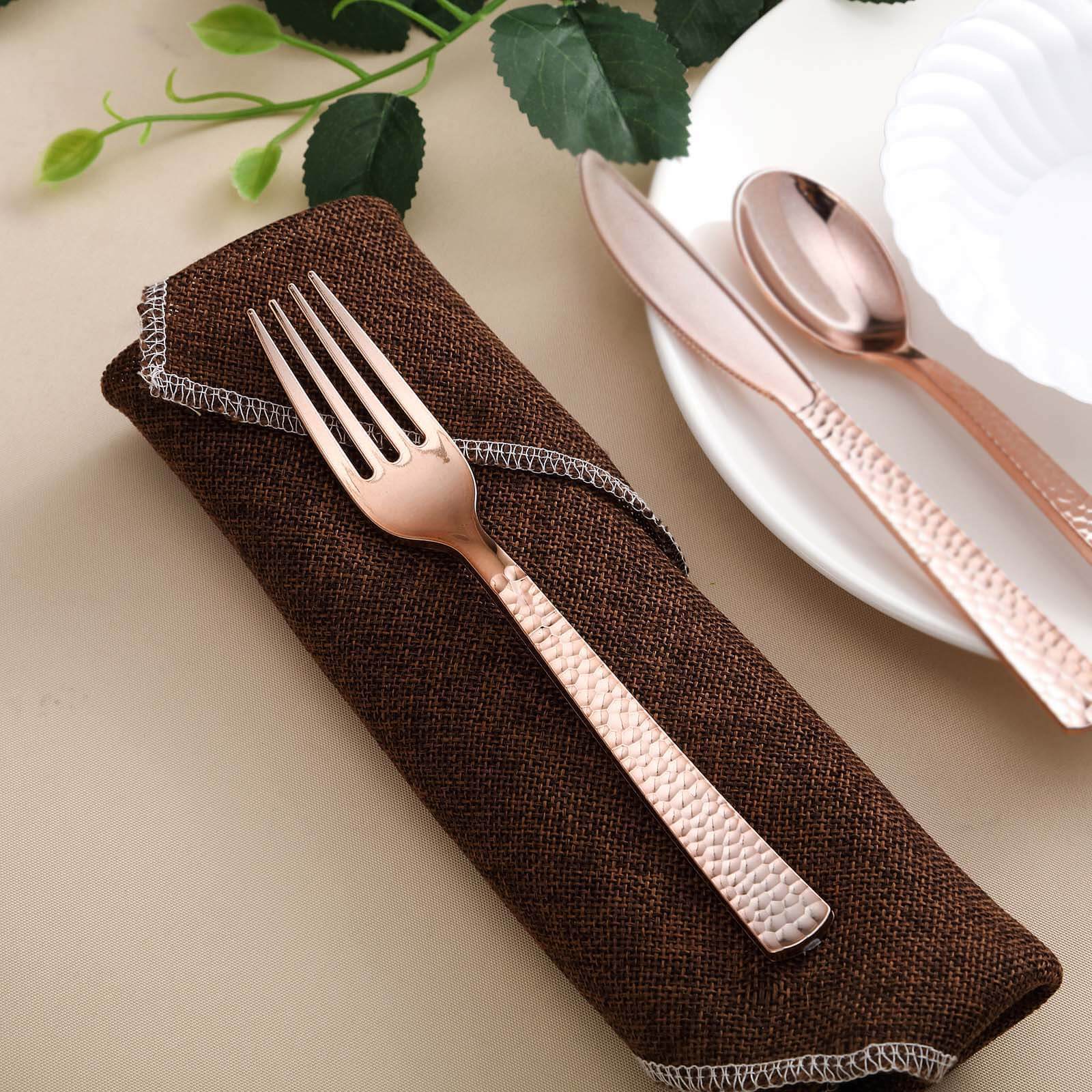 24-Pack Plastic Forks 7" Rose Gold with Hammered Style - Heavy Duty Disposable Silverware - Image 2