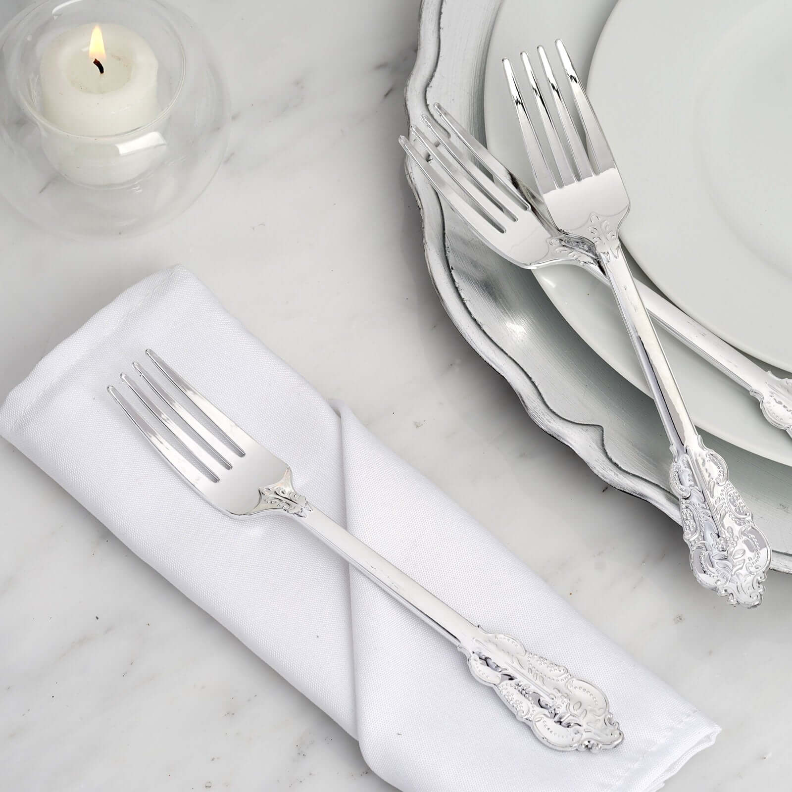 24-Pack Plastic Forks 8" Metallic Silver Baroque Style - Heavy Duty Disposable Silverware