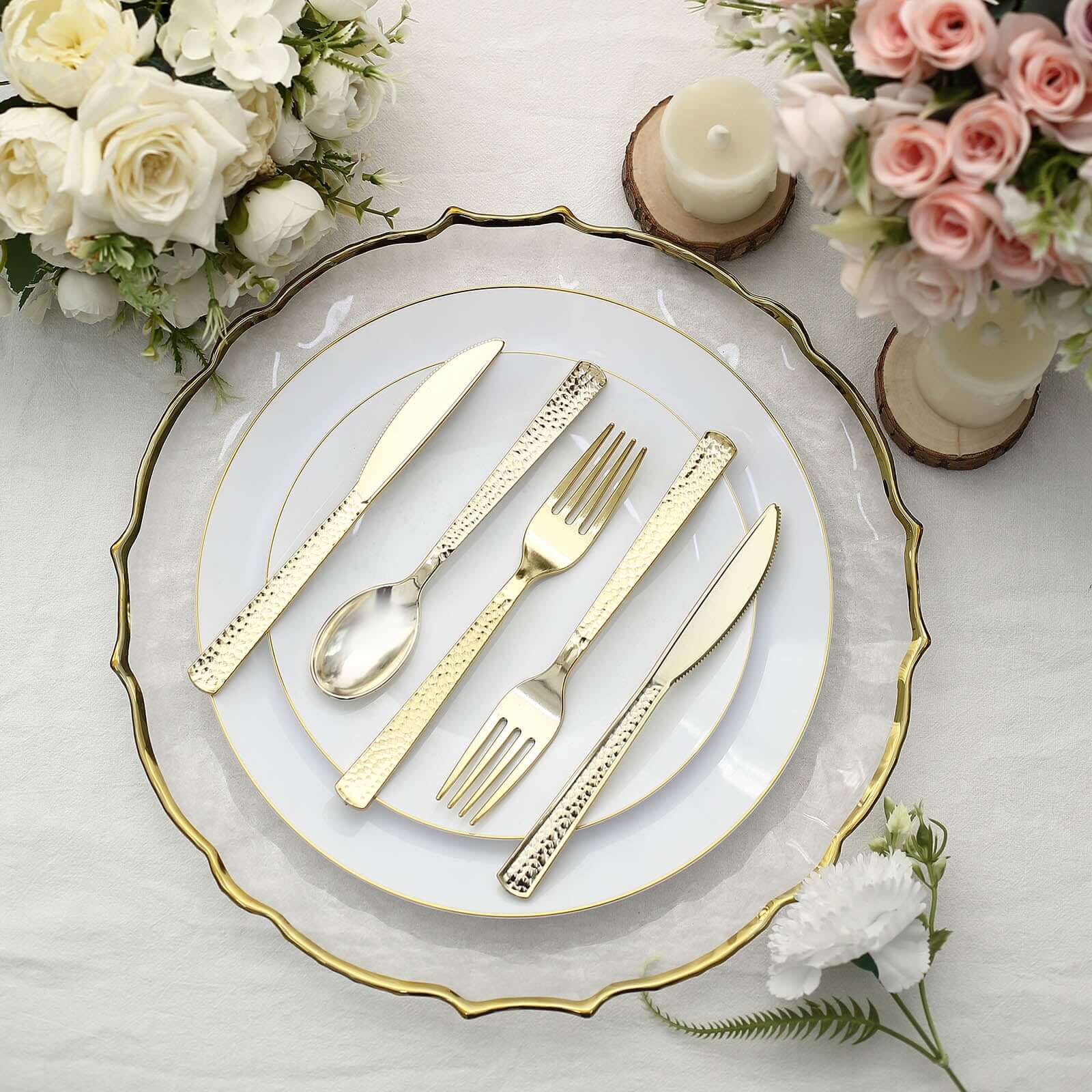 24-Pack Plastic Silverware Set 7" Gold with Hammered Design - Heavy Duty Disposable Utensils - Image 2