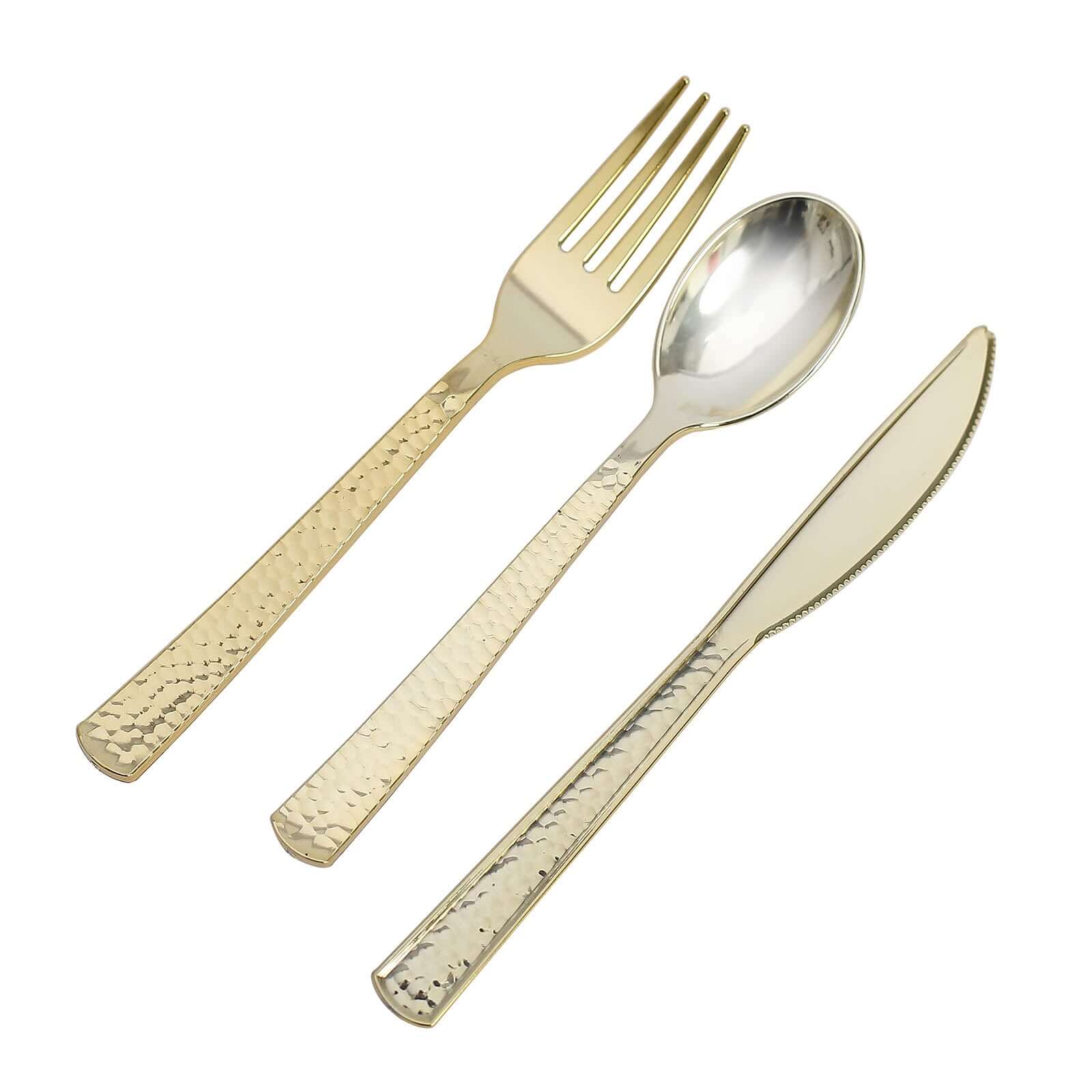 24-Pack Plastic Silverware Set 7" Gold with Hammered Design - Heavy Duty Disposable Utensils - Image 6