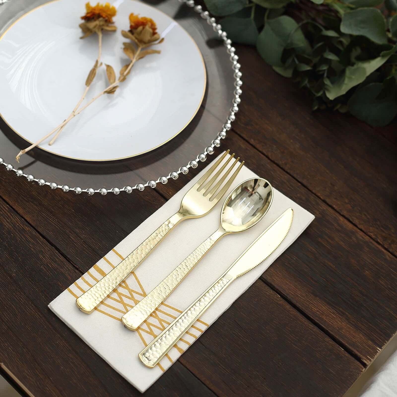 24-Pack Plastic Silverware Set 7" Gold with Hammered Design - Heavy Duty Disposable Utensils - Image 7