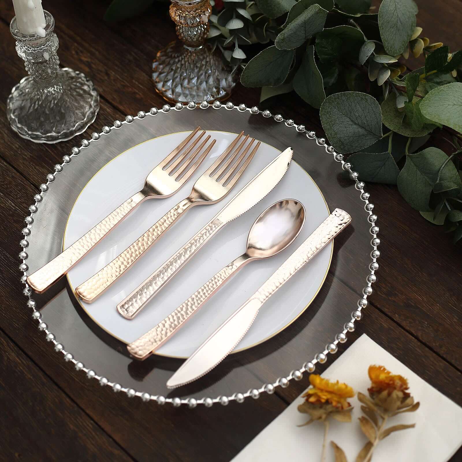 24-Pack Plastic Silverware Set 7" Rose Gold with Hammered Design - Heavy Duty Disposable Utensils - Image 8