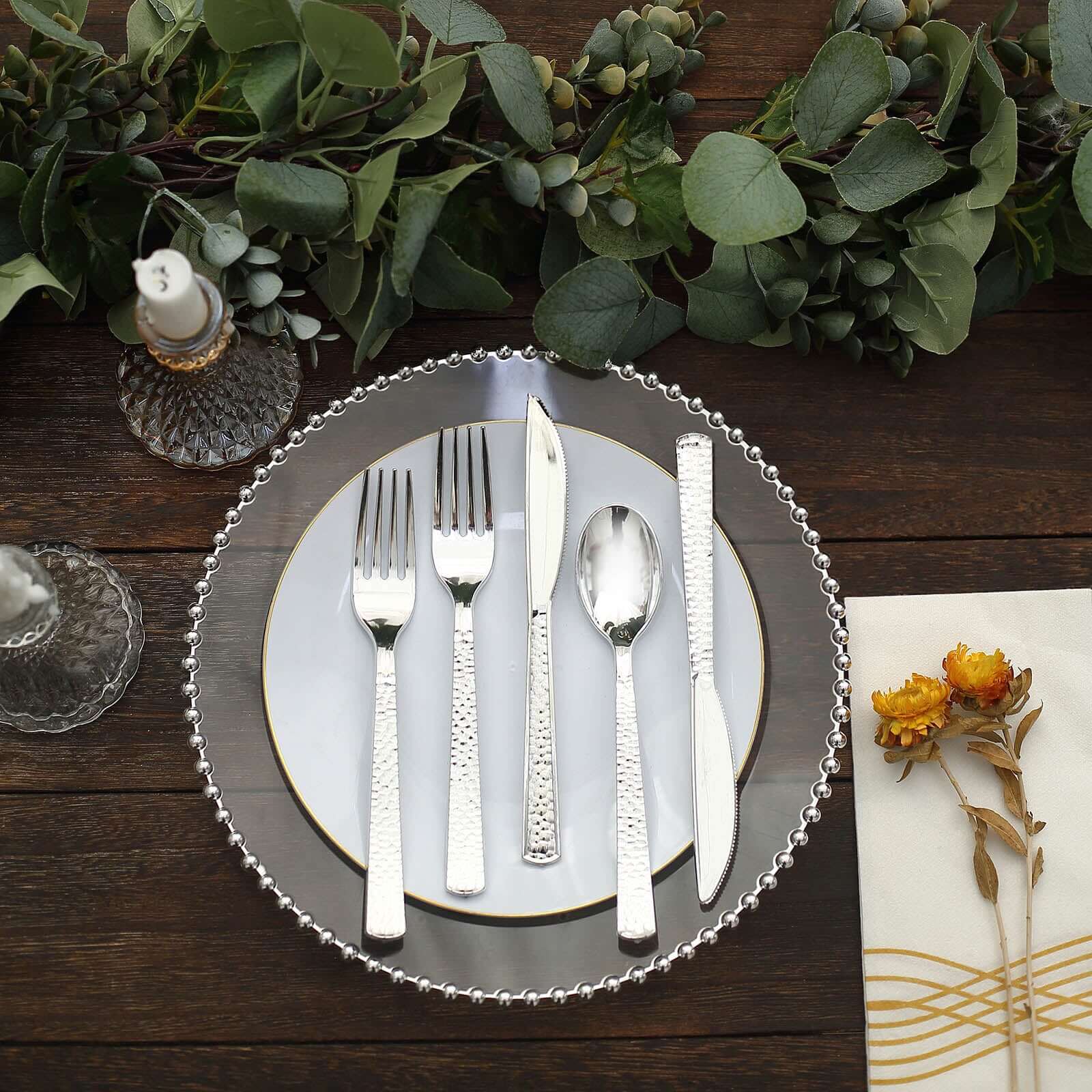 24-Pack Plastic Silverware Set 7" Silver with Hammered Design - Heavy Duty Disposable Utensils - Image 2