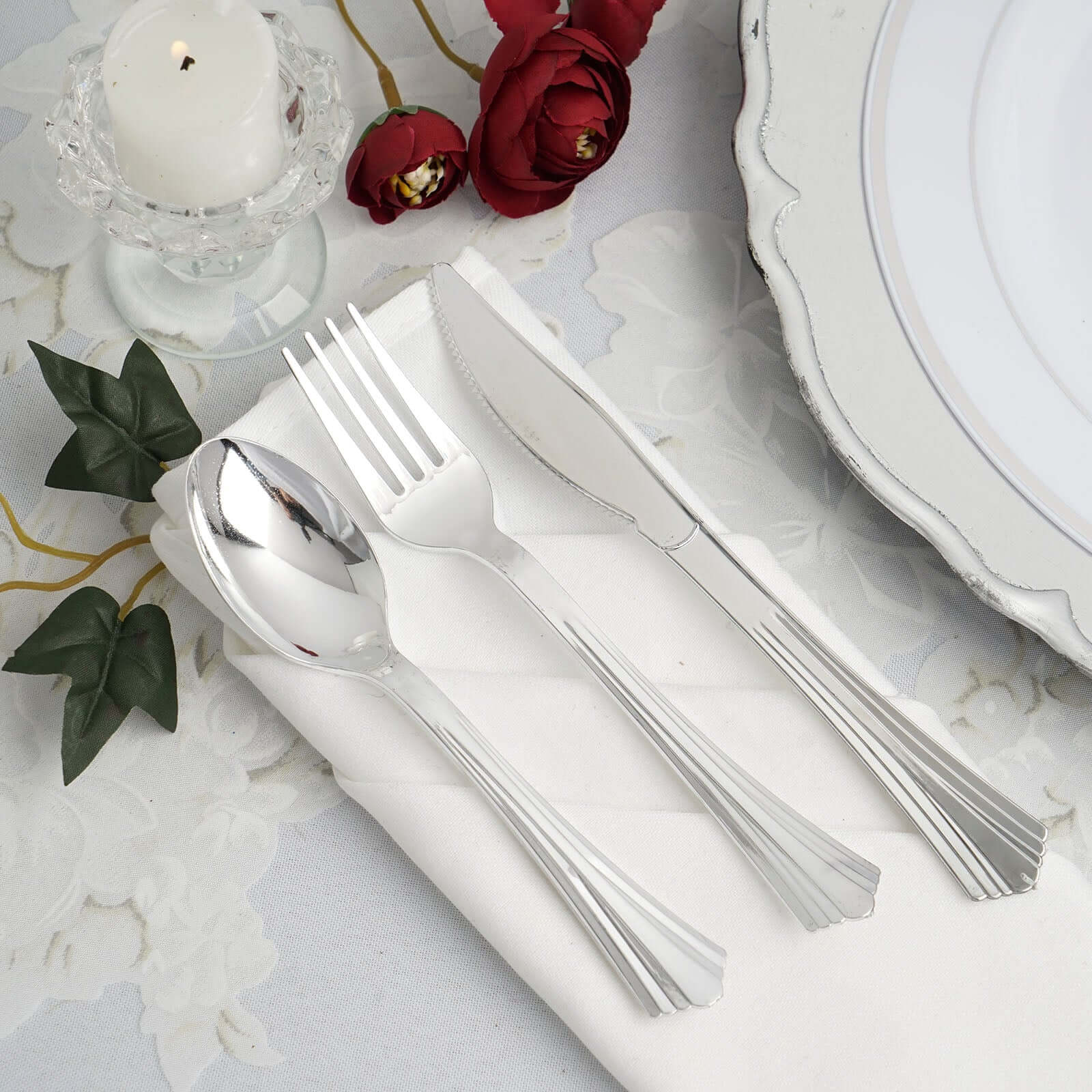 24-Pack Plastic Utensil Set 6", 7" Silver Heavy Duty with Fluted Handles - Disposable Silverware - Image 6