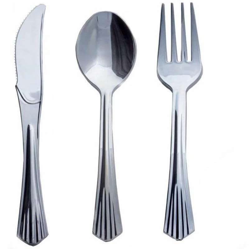 24-Pack Plastic Utensil Set 6", 7" Silver Heavy Duty with Fluted Handles - Disposable Silverware - Image 8