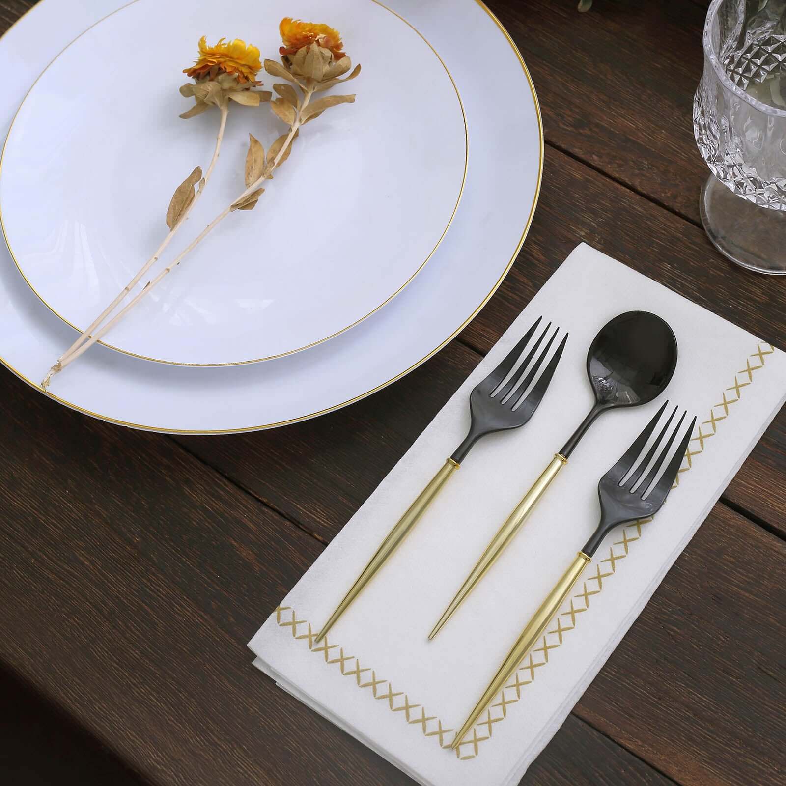 24-Pack Plastic Utensil Set 6" Black/Gold - Premium Modern Heavy Duty Disposable Fork and Spoon - Image 2