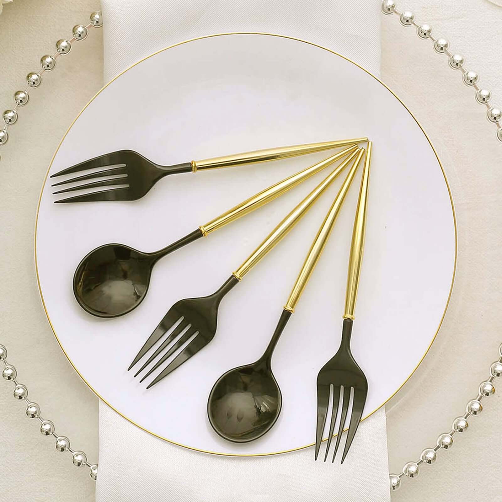 24-Pack Plastic Utensil Set 6" Black/Gold - Premium Modern Heavy Duty Disposable Fork and Spoon - Image 4