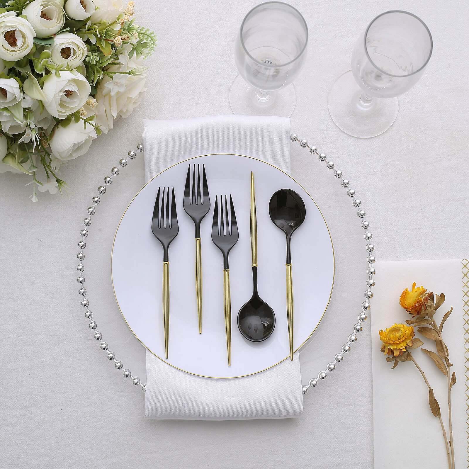 24-Pack Plastic Utensil Set 6" Black/Gold - Premium Modern Heavy Duty Disposable Fork and Spoon - Image 5