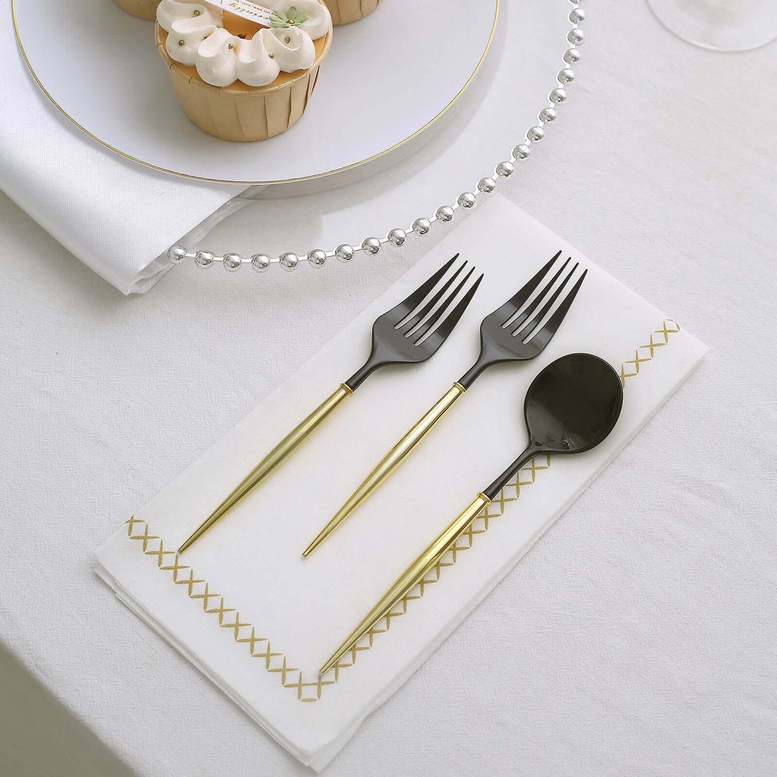 24-Pack Plastic Utensil Set 6" Black/Gold - Premium Modern Heavy Duty Disposable Fork and Spoon - Image 9