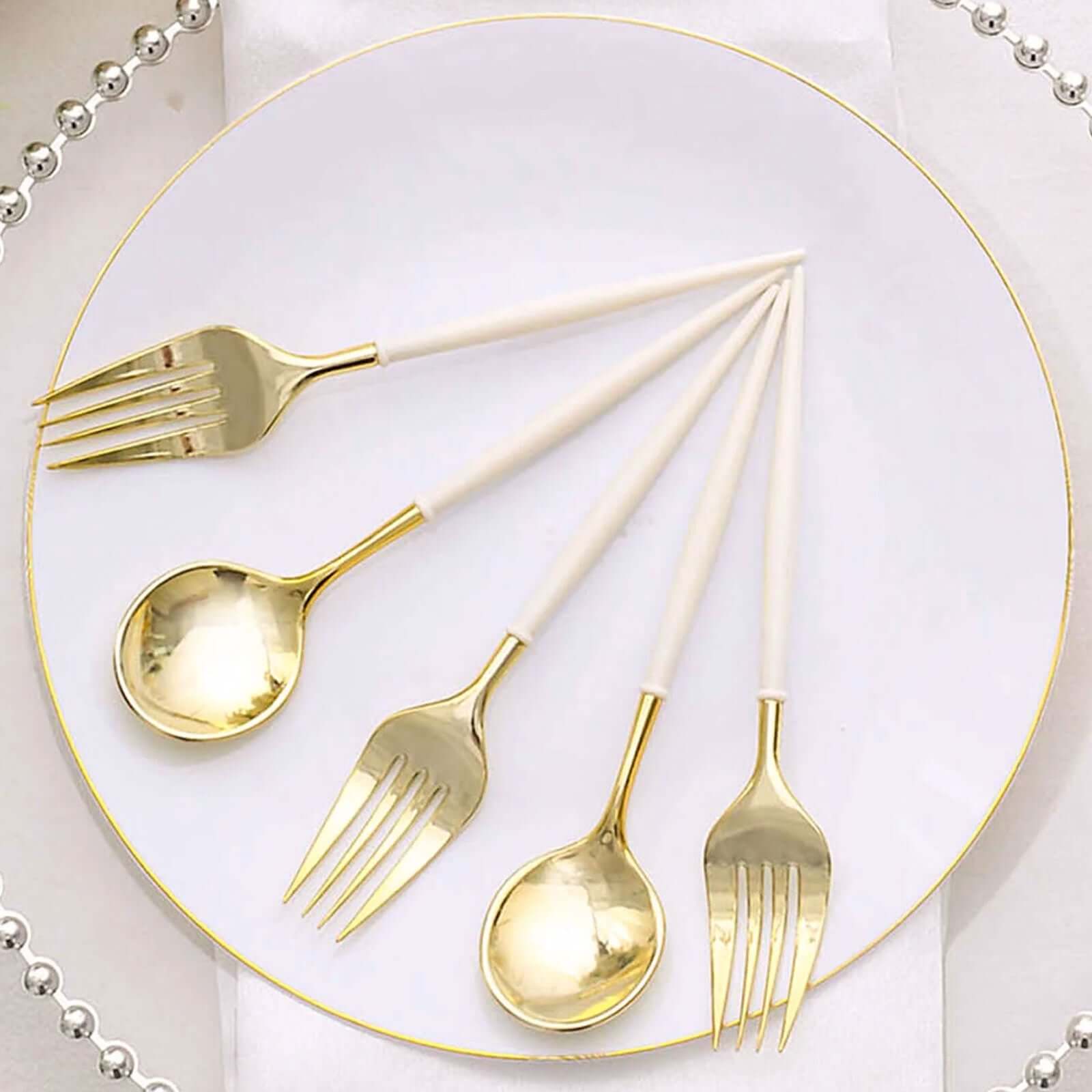 24-Pack Plastic Utensil Set 6" Gold/Ivory - Premium Modern Heavy Duty Disposable Fork and Spoon