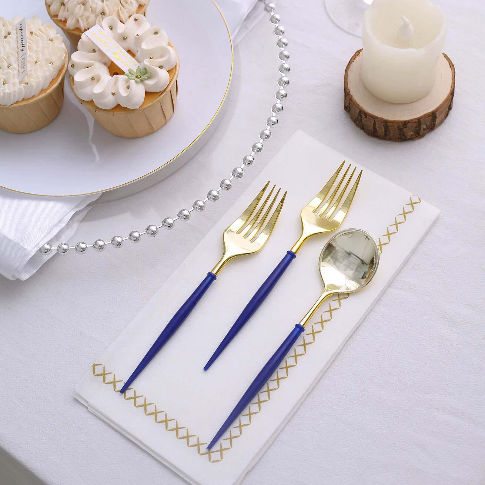 24-Pack Plastic Utensil Set 6" Gold/Royal Blue - Premium Modern Heavy Duty Disposable Fork and Spoon - Image 11