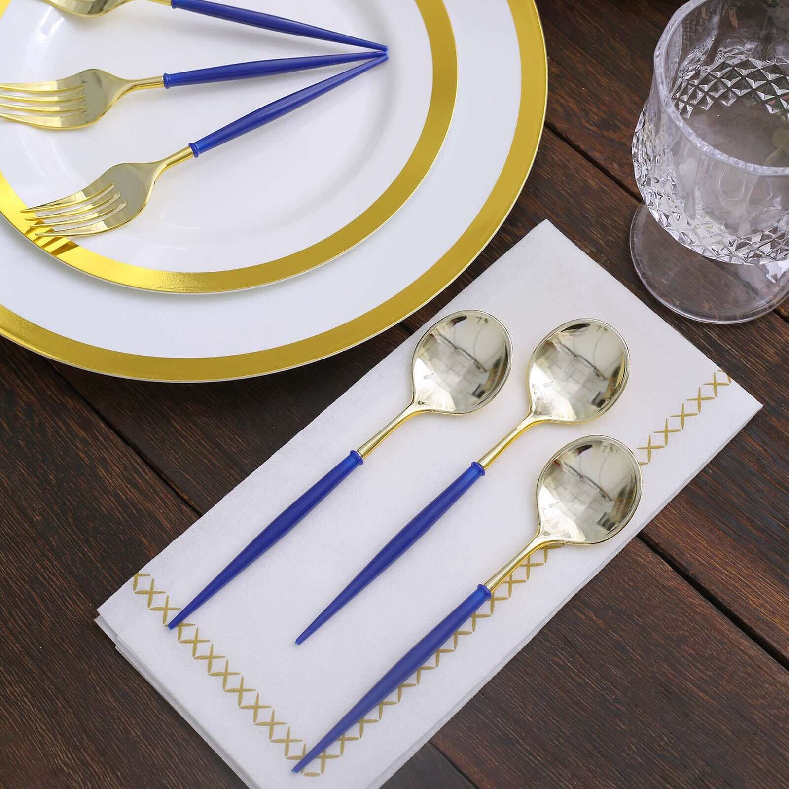 24-Pack Plastic Utensil Set 6" Gold/Royal Blue - Premium Modern Heavy Duty Disposable Fork and Spoon - Image 12