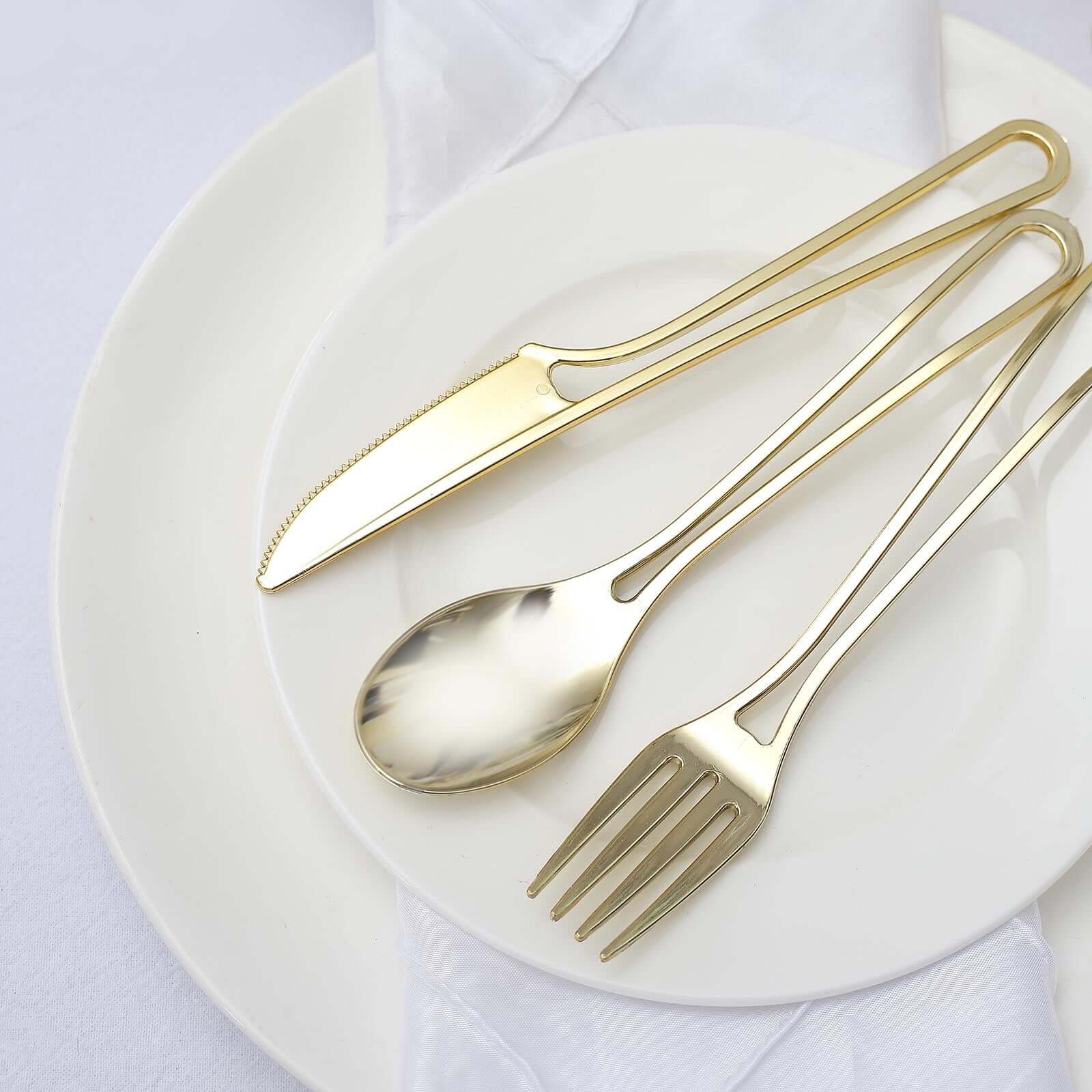 24-Pack Plastic Utensil Set 7" Gold with Modern Hollow Handle Design - Disposable Forks, Spoons, and Knives