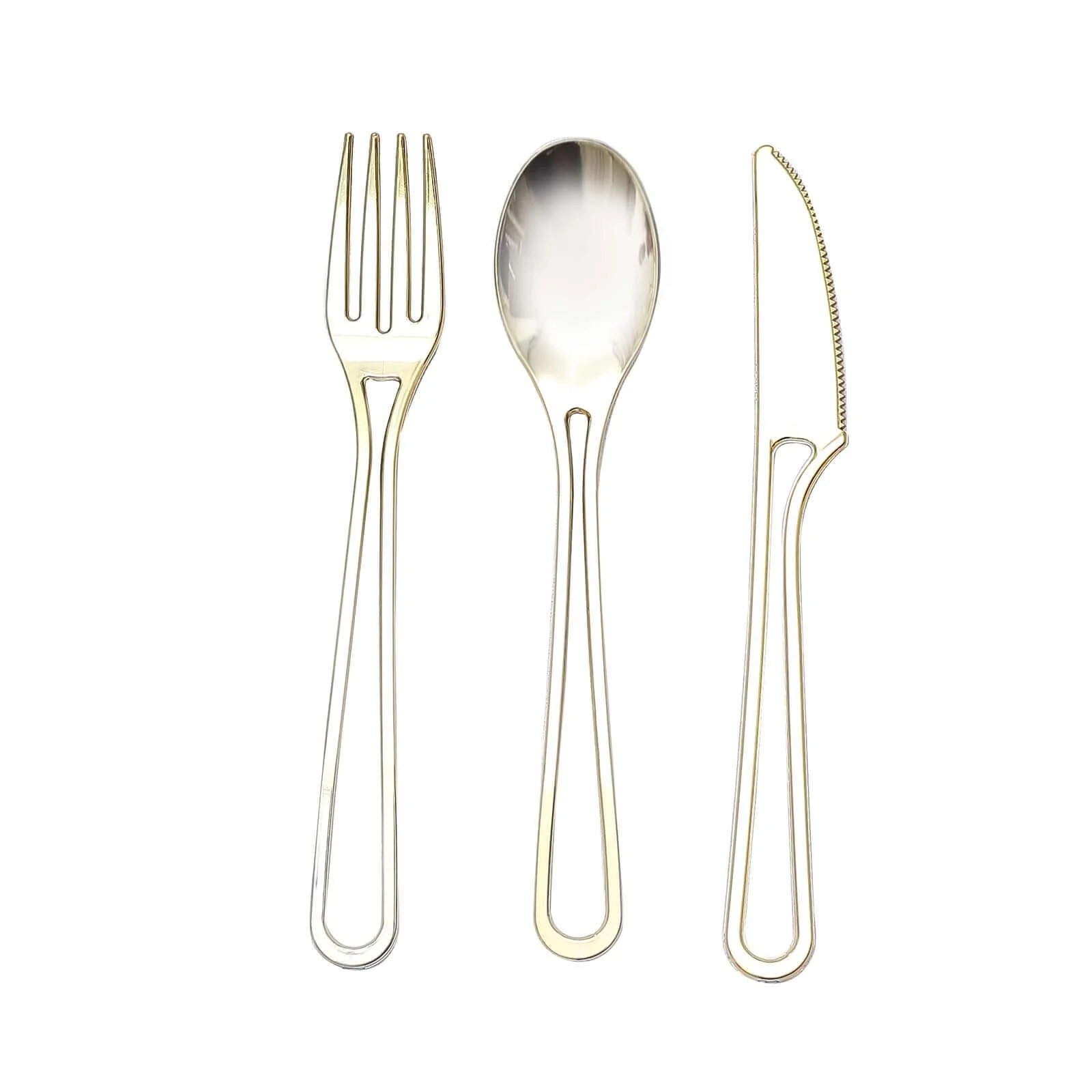 24-Pack Plastic Utensil Set 7" Gold with Modern Hollow Handle Design - Disposable Forks, Spoons, and Knives - Image 6