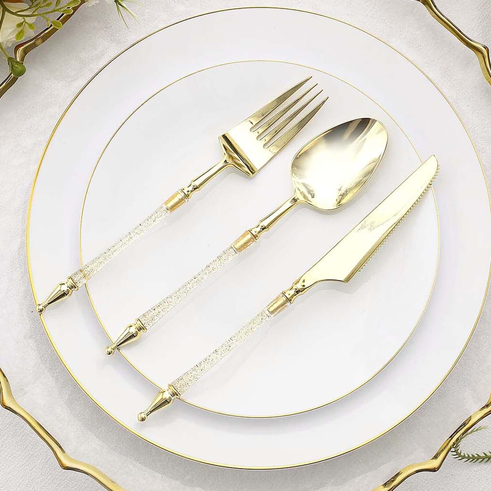 24-Pack Plastic Utensil Set Gold/Clear with Roman Column Handle - Glittered Disposable Forks, Spoons, and Knives - Image 2