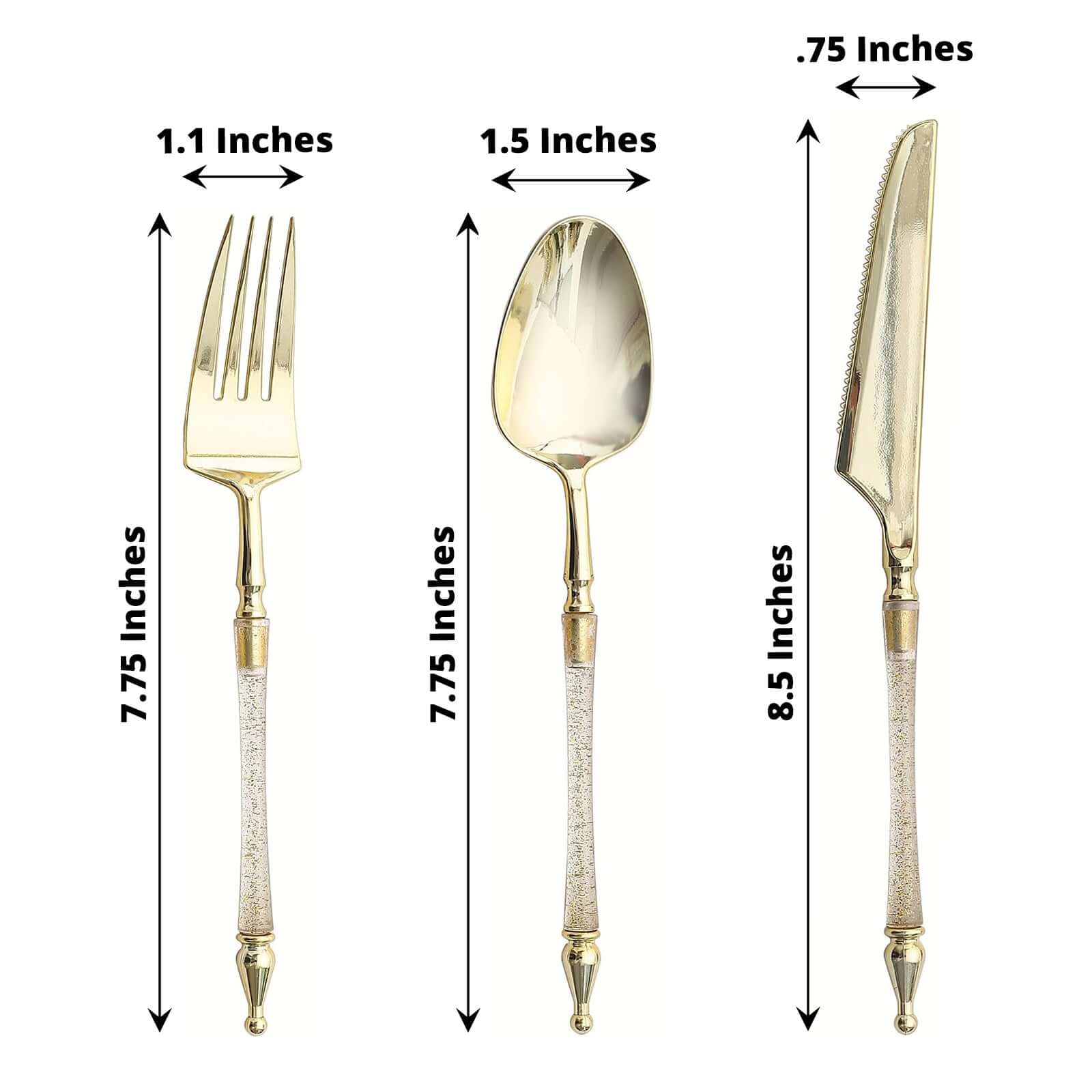 24-Pack Plastic Utensil Set Gold/Clear with Roman Column Handle - Glittered Disposable Forks, Spoons, and Knives - Image 3