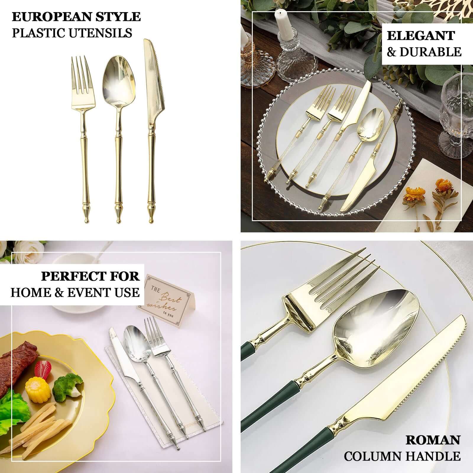 24-Pack Plastic Utensil Set Gold/Clear with Roman Column Handle - Glittered Disposable Forks, Spoons, and Knives - Image 4