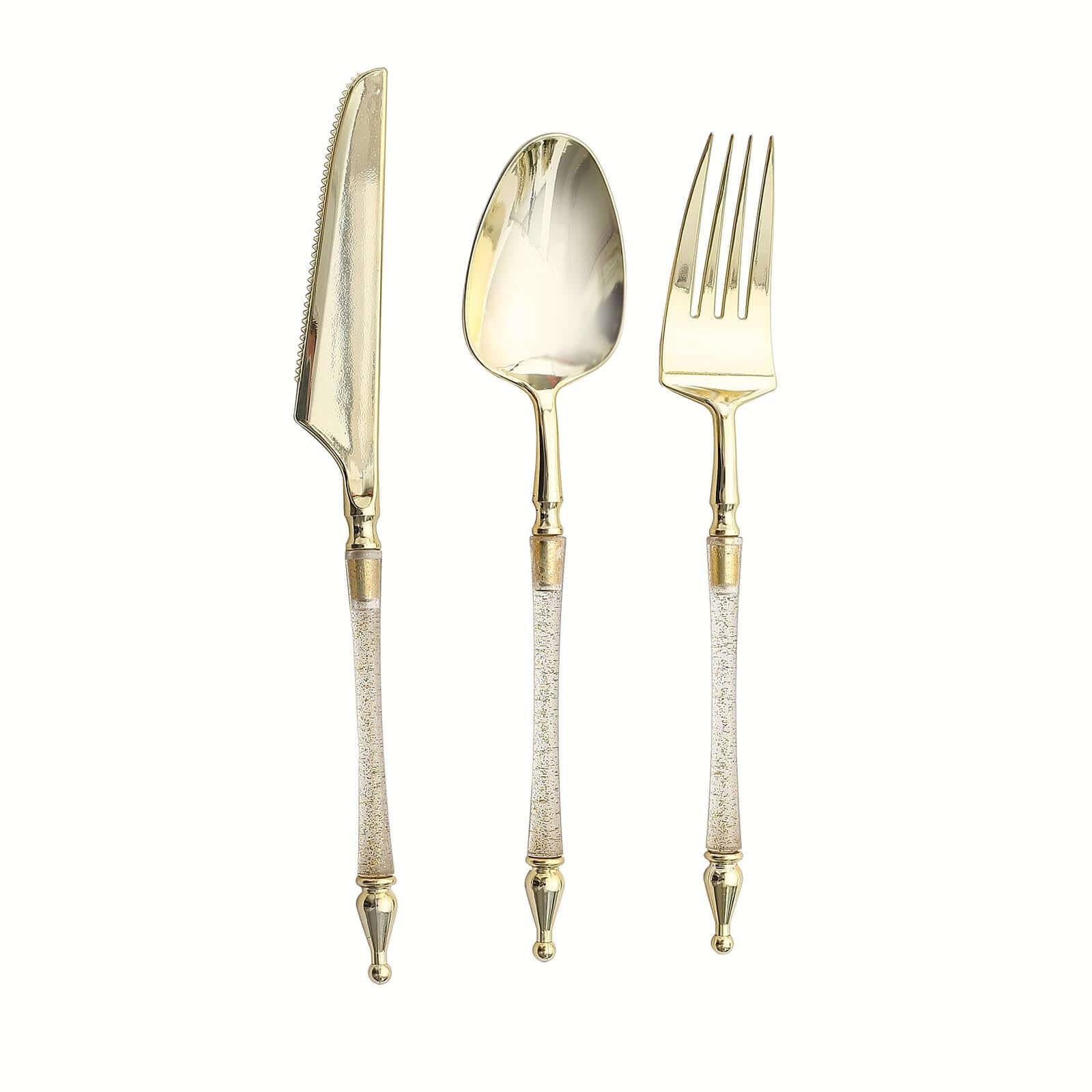 24-Pack Plastic Utensil Set Gold/Clear with Roman Column Handle - Glittered Disposable Forks, Spoons, and Knives - Image 7