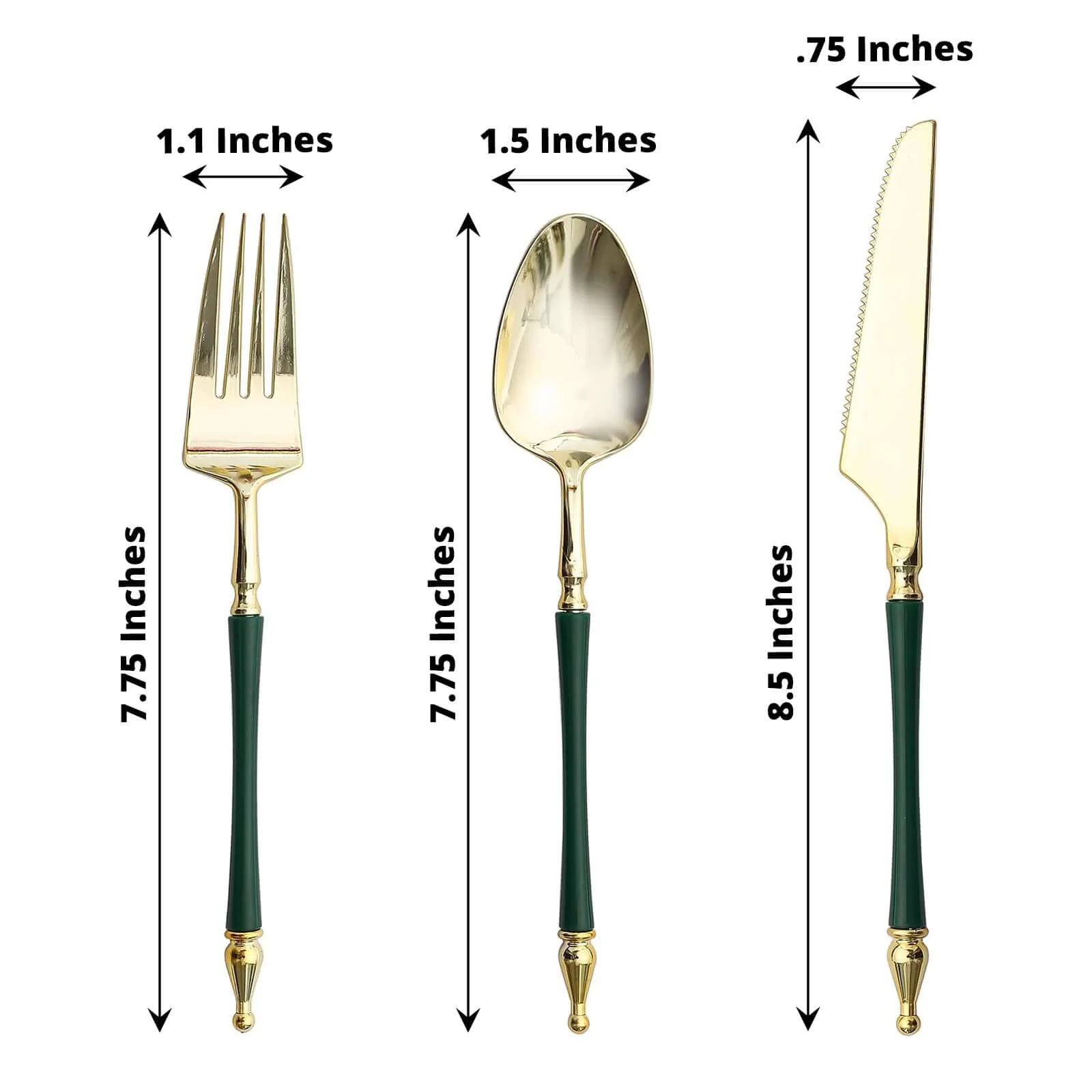 24-Pack Plastic Utensil Set Gold/Hunter Emerald Green with Roman Column Handle - Glittered Disposable Forks, Spoons, and Knives - Image 3