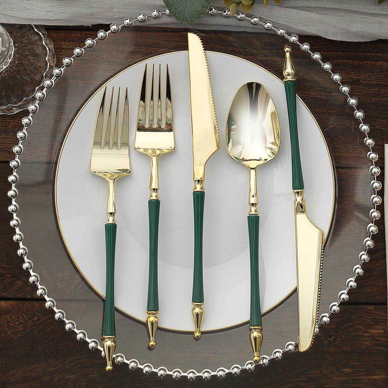 24-Pack Plastic Utensil Set Gold/Hunter Emerald Green with Roman Column Handle - Glittered Disposable Forks, Spoons, and Knives - Image 5