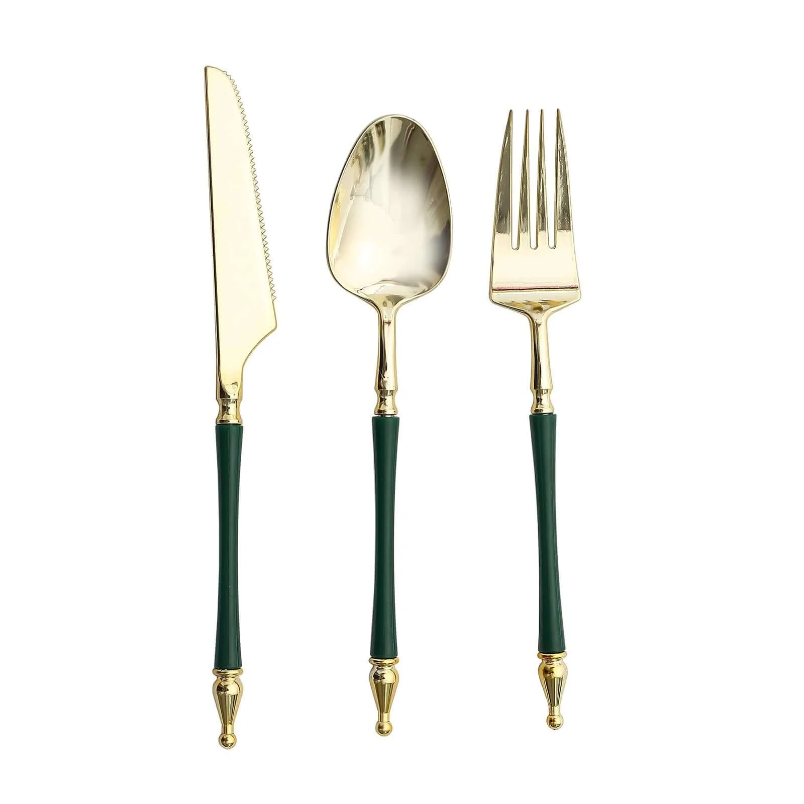 24-Pack Plastic Utensil Set Gold/Hunter Emerald Green with Roman Column Handle - Glittered Disposable Forks, Spoons, and Knives - Image 7
