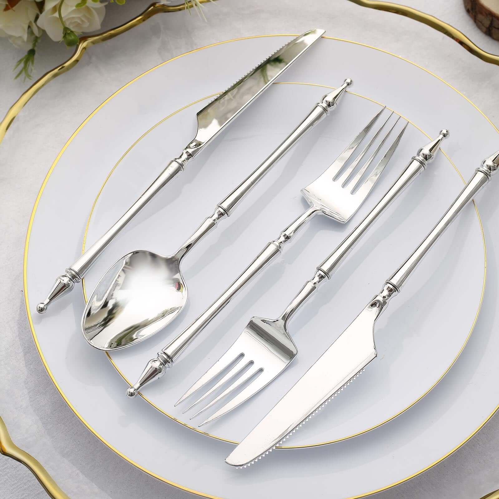24-Pack Plastic Utensil Set Silver with Roman Column Handle - Glittered Disposable Forks, Spoons, and Knives - Image 2