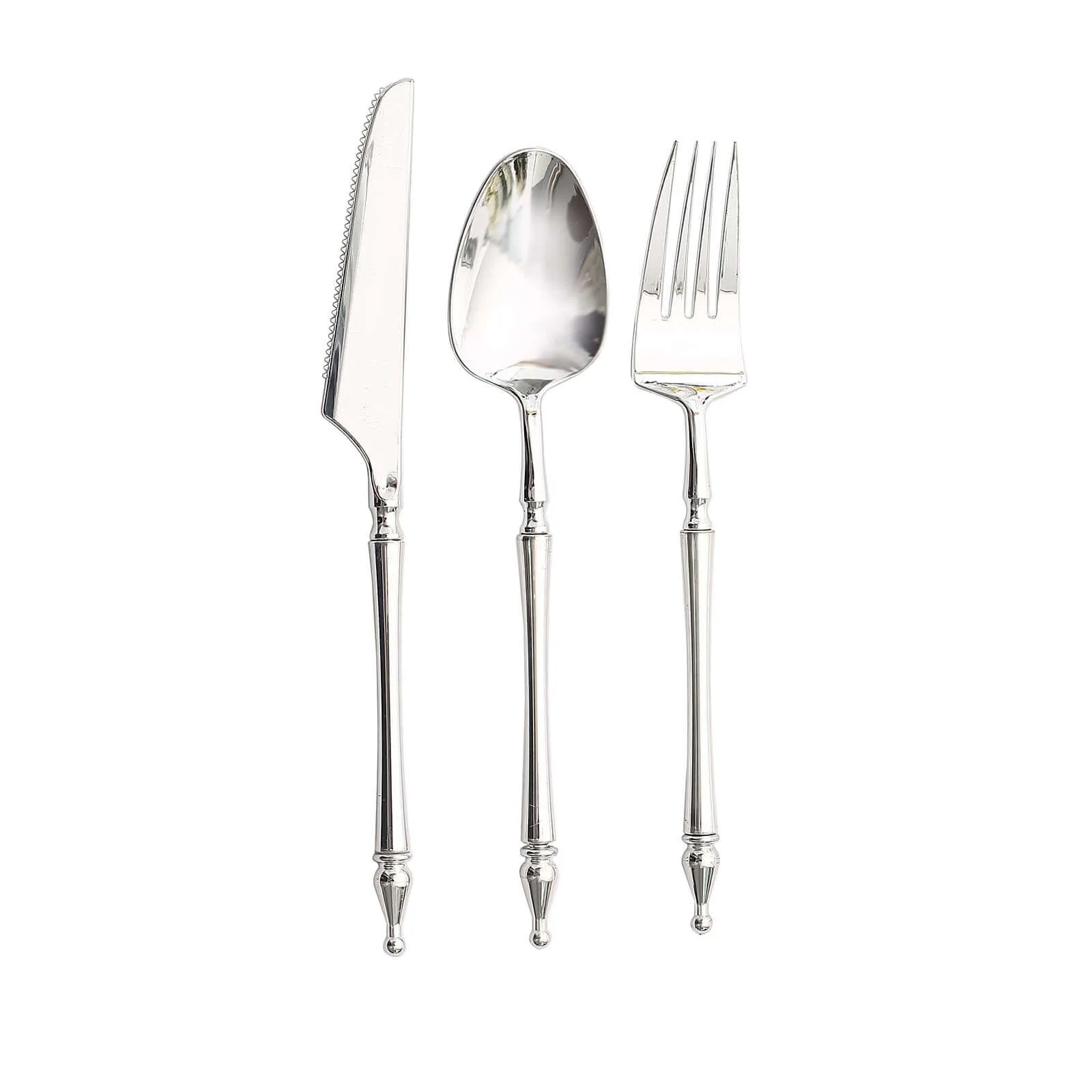 24-Pack Plastic Utensil Set Silver with Roman Column Handle - Glittered Disposable Forks, Spoons, and Knives - Image 7