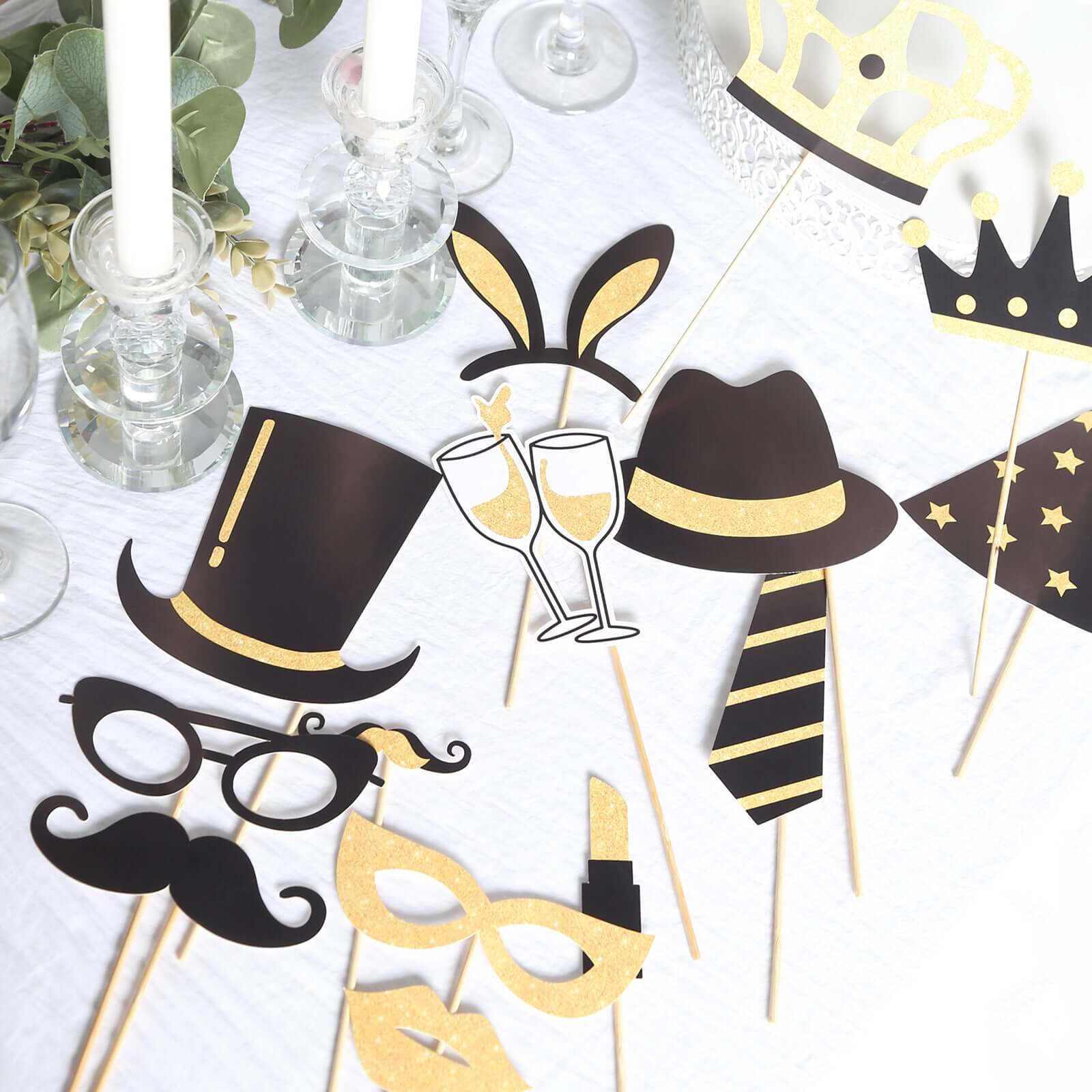 24 Pack Vintage Black / Gold Glitter Fun Party Photo Booth Props, DIY Party Theme Supplies