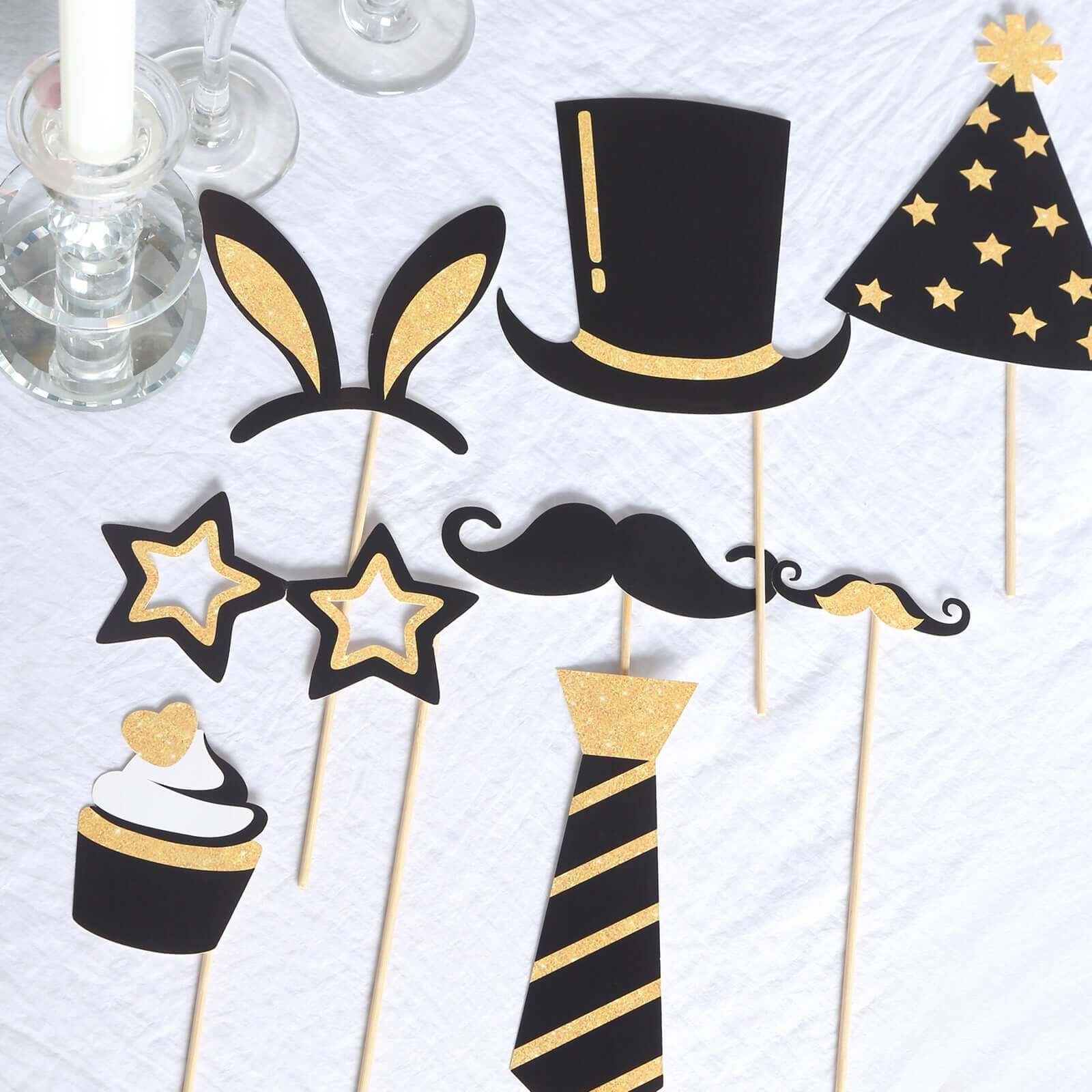 24 Pack Vintage Black / Gold Glitter Fun Party Photo Booth Props, DIY Party Theme Supplies - Image 2