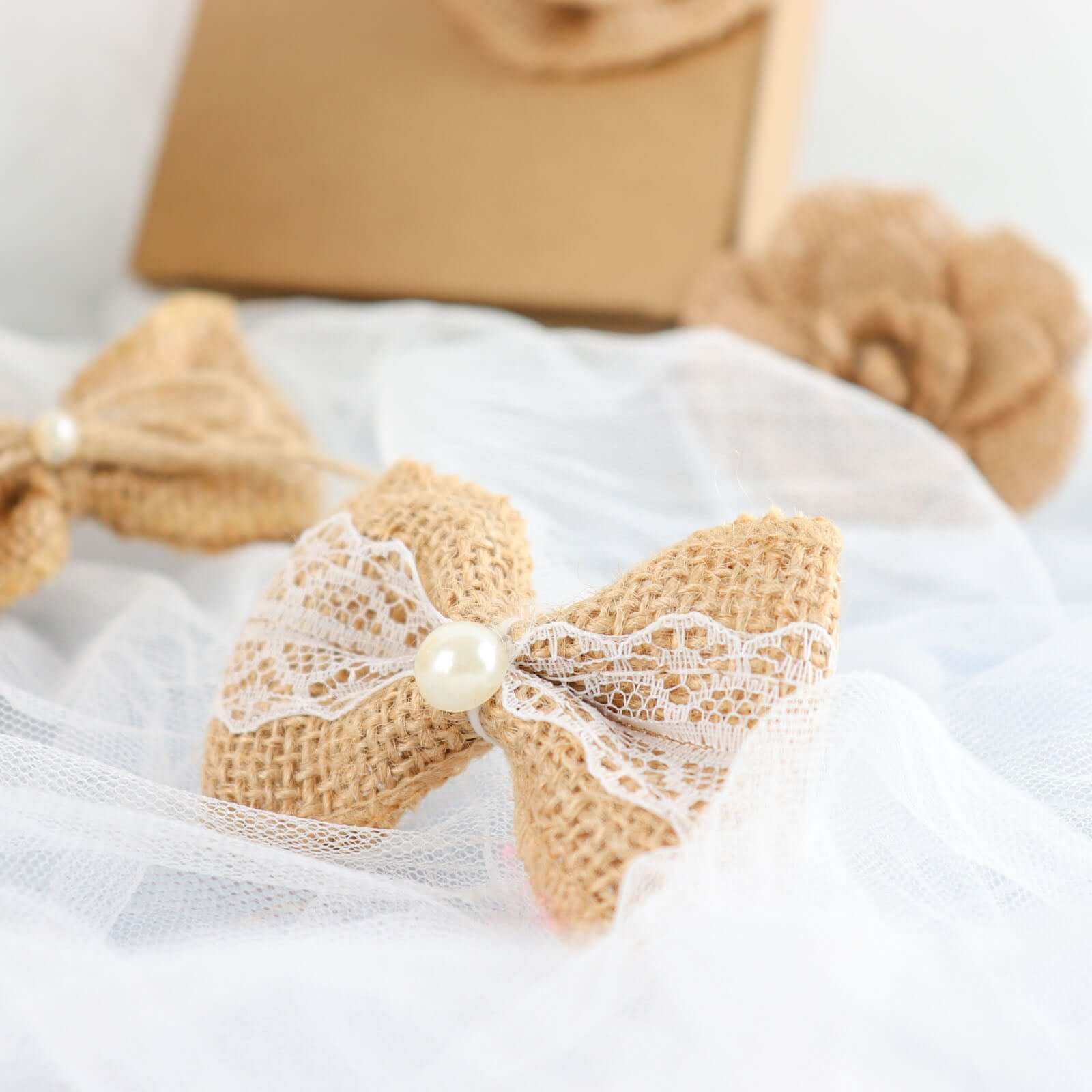 24 Pcs Natural Burlap Flower and Bows Set w/Lace Ribbon Craft Supplies, DIY Jute Stick On Ribbon and Bows, 30 Sticker Dots Included, 8 Assorted Styles - Image 15