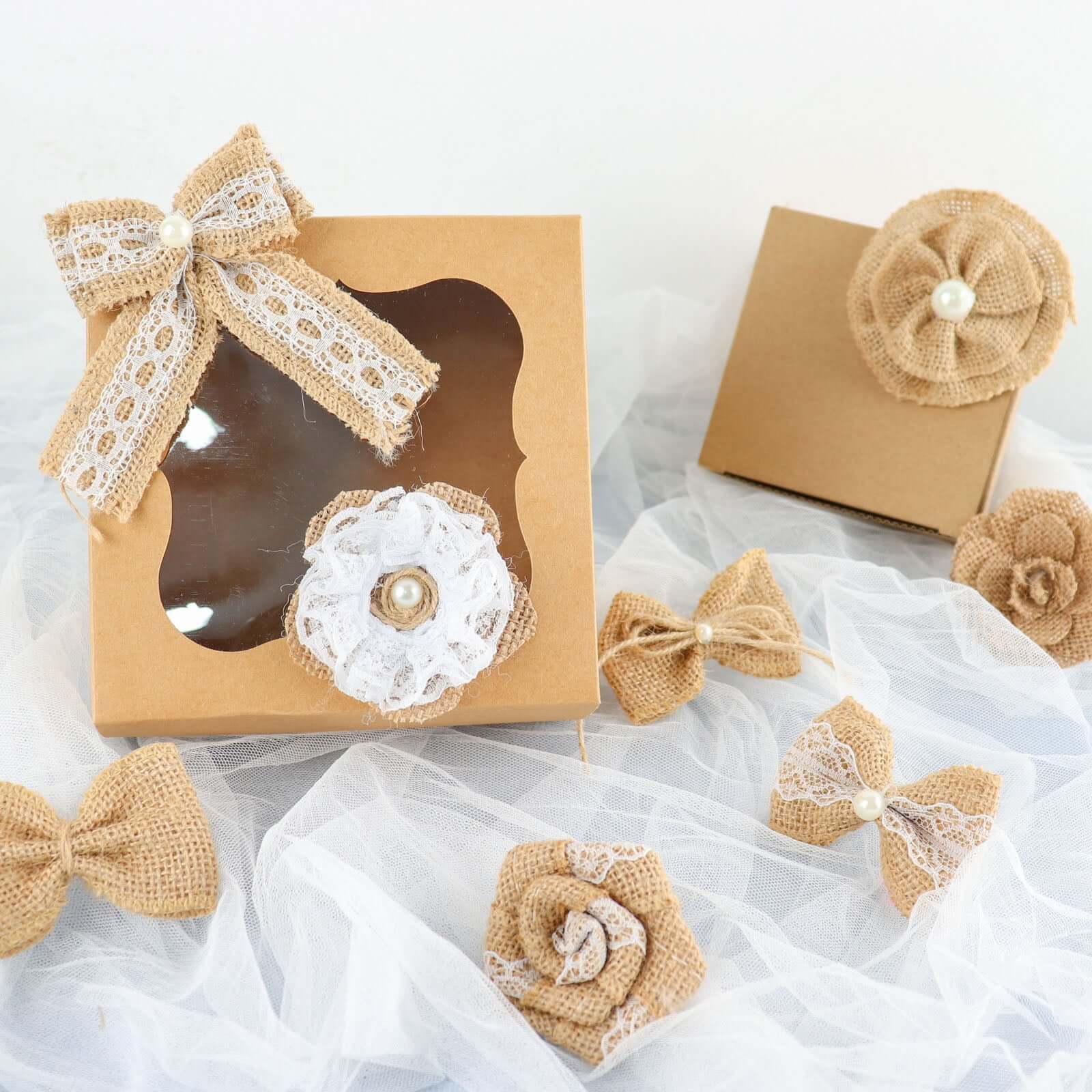 24 Pcs Natural Burlap Flower and Bows Set w/Lace Ribbon Craft Supplies, DIY Jute Stick On Ribbon and Bows, 30 Sticker Dots Included, 8 Assorted Styles - Image 2