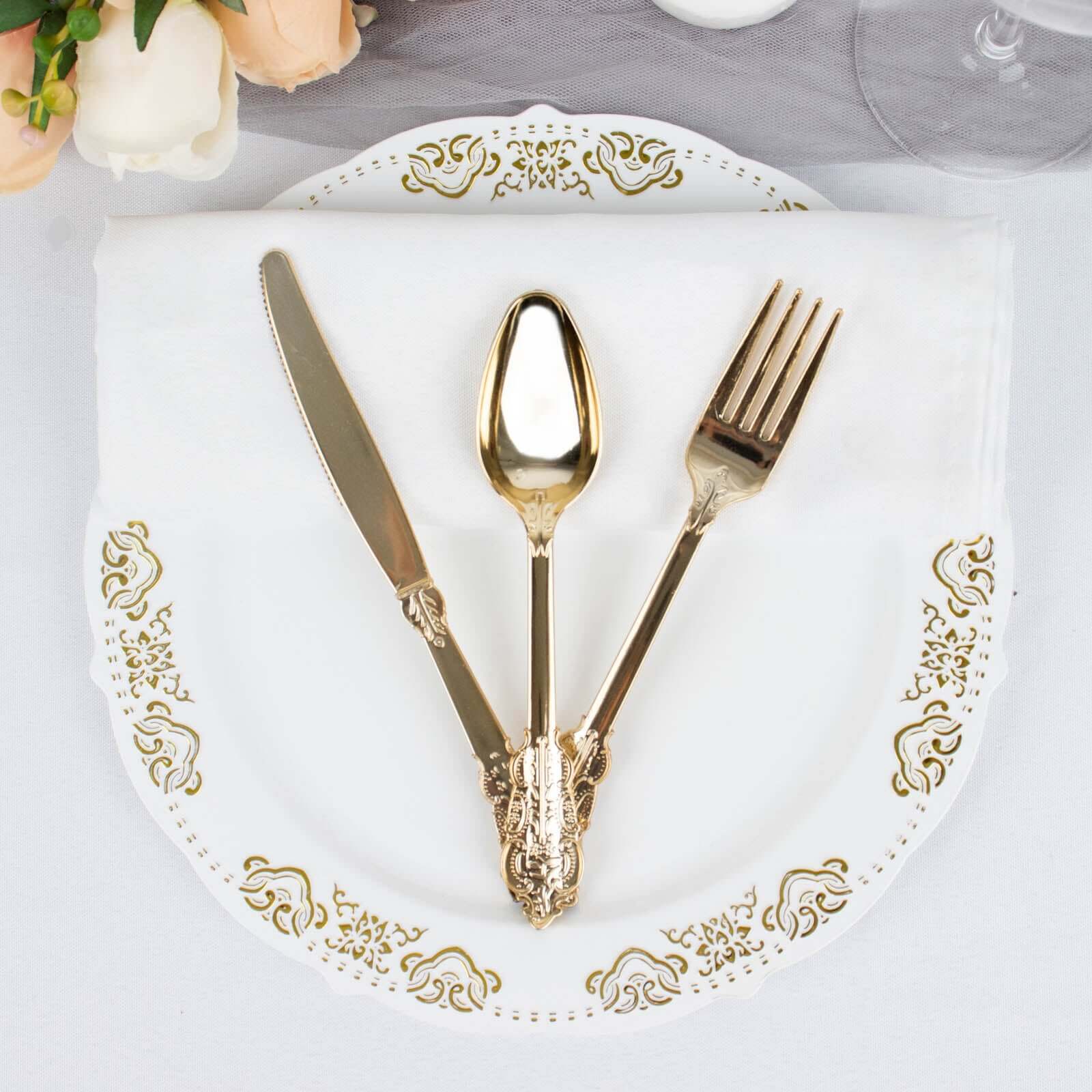 24 Pcs Plastic Silverware Set Metallic Gold in Baroque Style - Heavy Duty Disposable Knife, Fork, and Spoon Set - Image 8