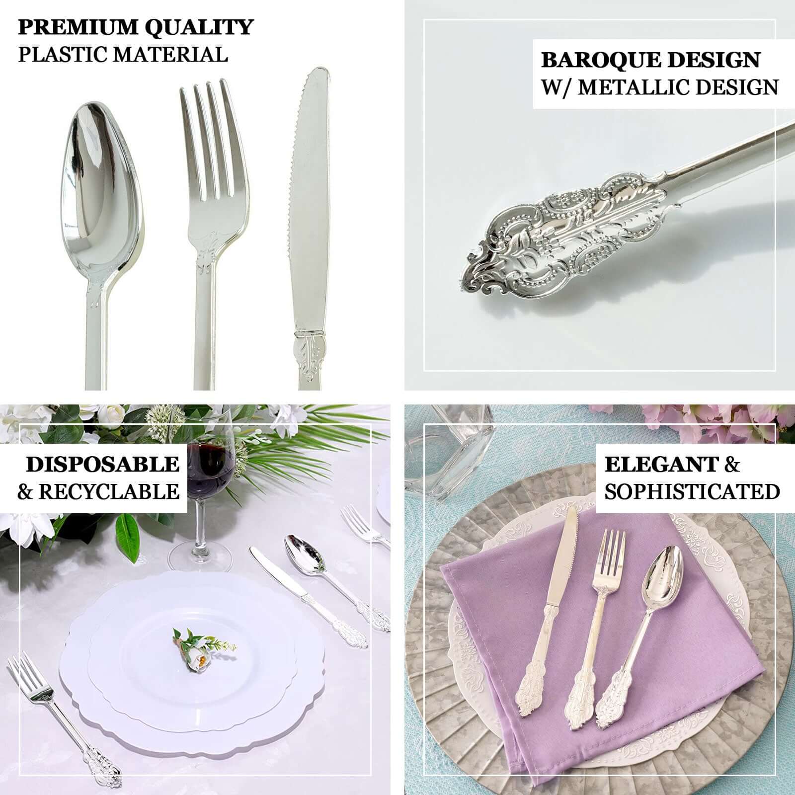24 Pcs Plastic Silverware Set Metallic Silver in Baroque Style - Heavy Duty Disposable Knife, Fork, and Spoon Set - Image 4