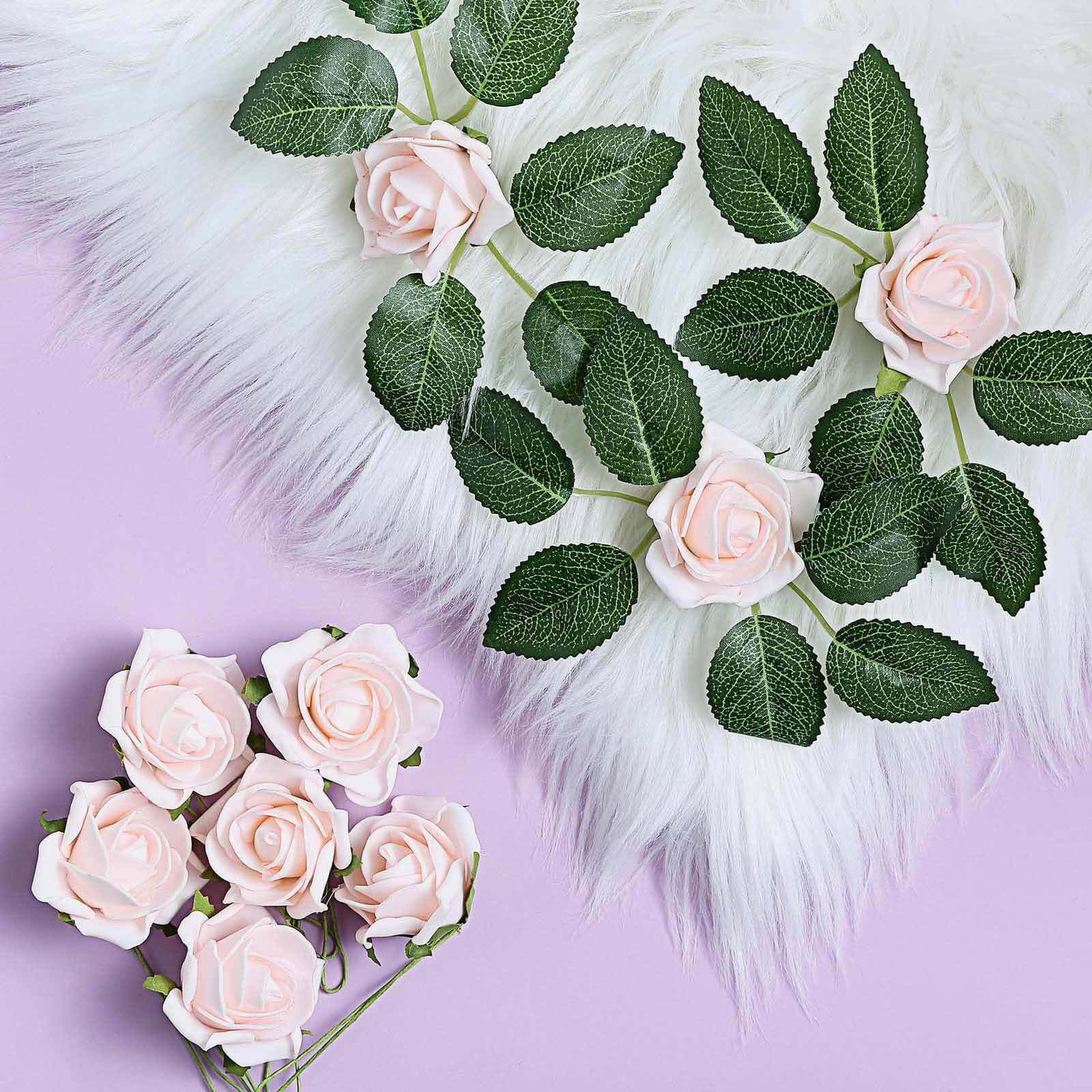 24 Roses Blush Artificial Foam Flowers With Stem Wire and Leaves 2" - Image 2