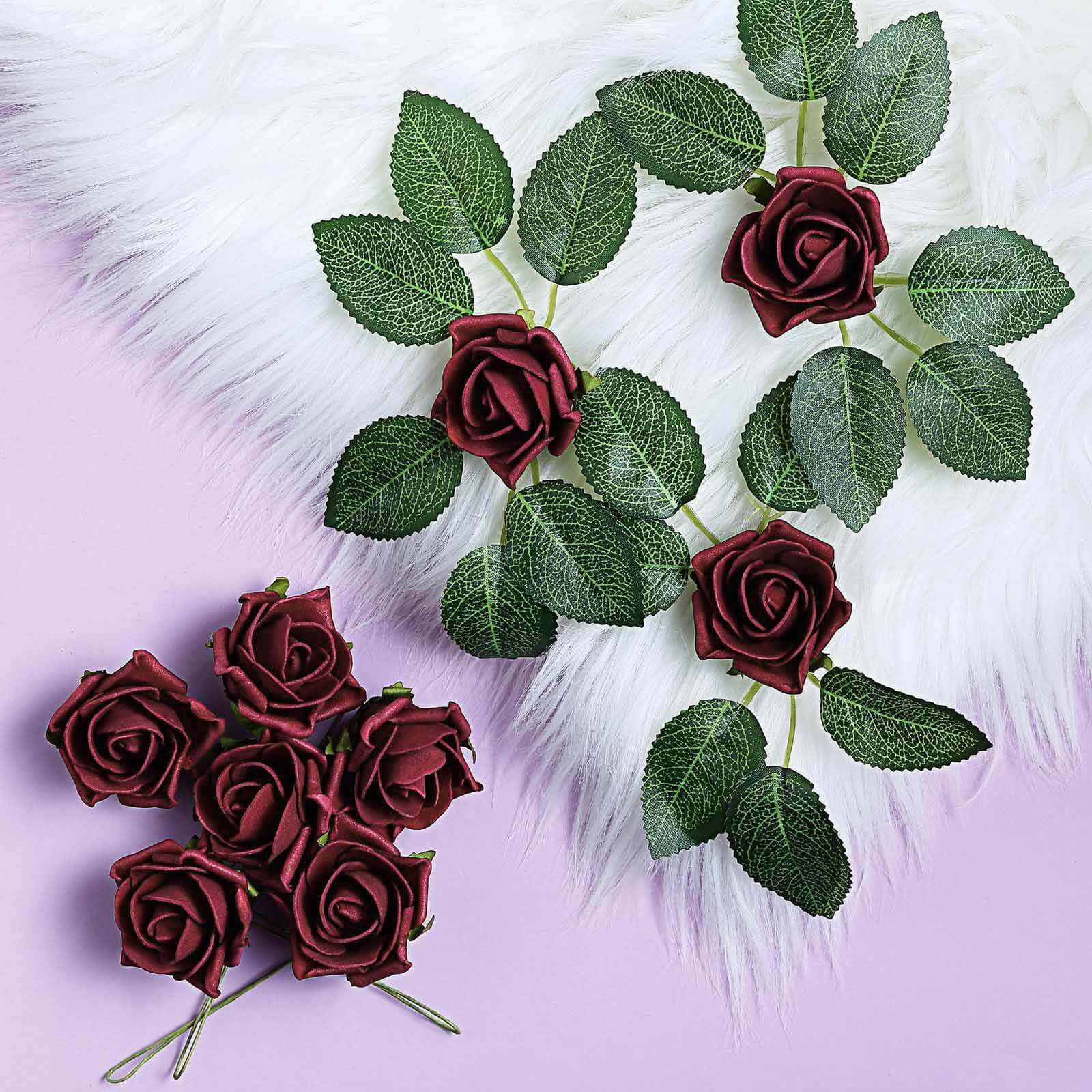 24 Roses Burgundy Artificial Foam Flowers With Stem Wire and Leaves 2" - Image 2