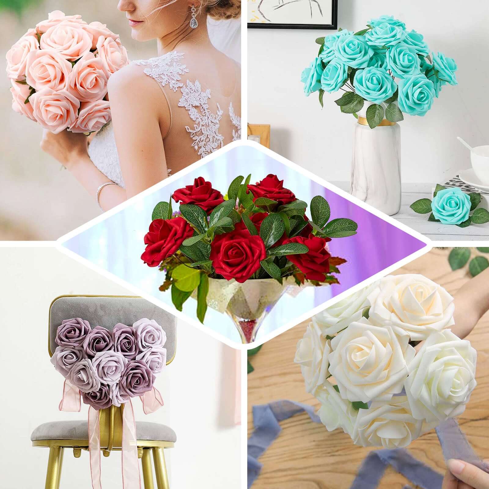 24 Roses Burgundy Artificial Foam Flowers With Stem Wire and Leaves 2" - Image 5